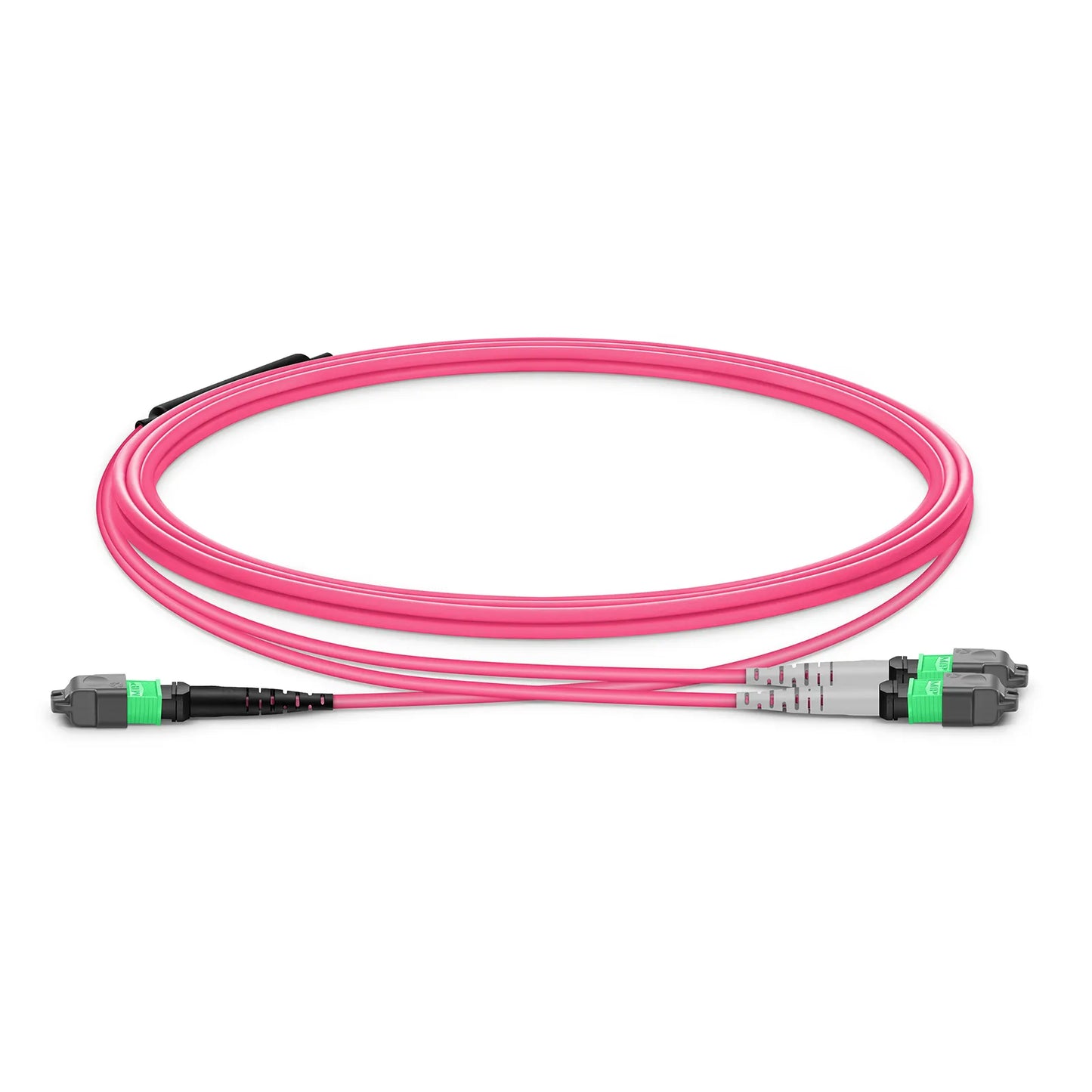 3m (10ft) MTP® Breakout Cable, MTP®-16 APC (Female) to 2 x MTP®-8 APC (Female), 16 Fibers, Multimode (OM4), Plenum (OFNP), 0.35dB Max, Crossover, Magenta