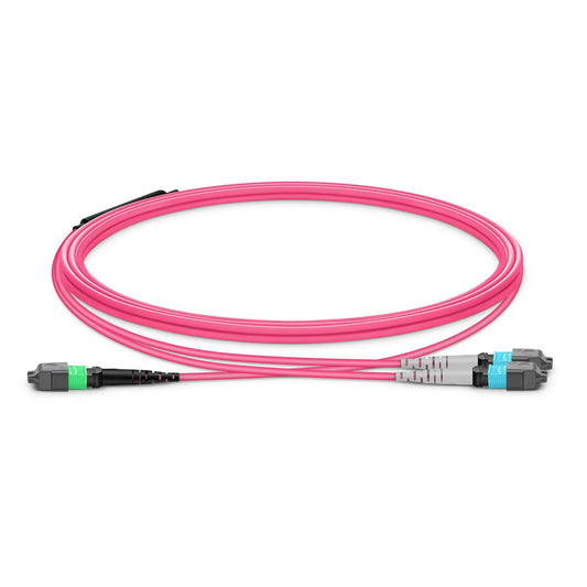 1m (3ft) MTP® Breakout Cable, MTP®-16 APC (Female) to 2 x MTP®-8 UPC (Female), 16 Fibers, Multimode (OM4), Dual Rated (OFNR/LSZH), 0.35dB Max, Crossover, Magenta