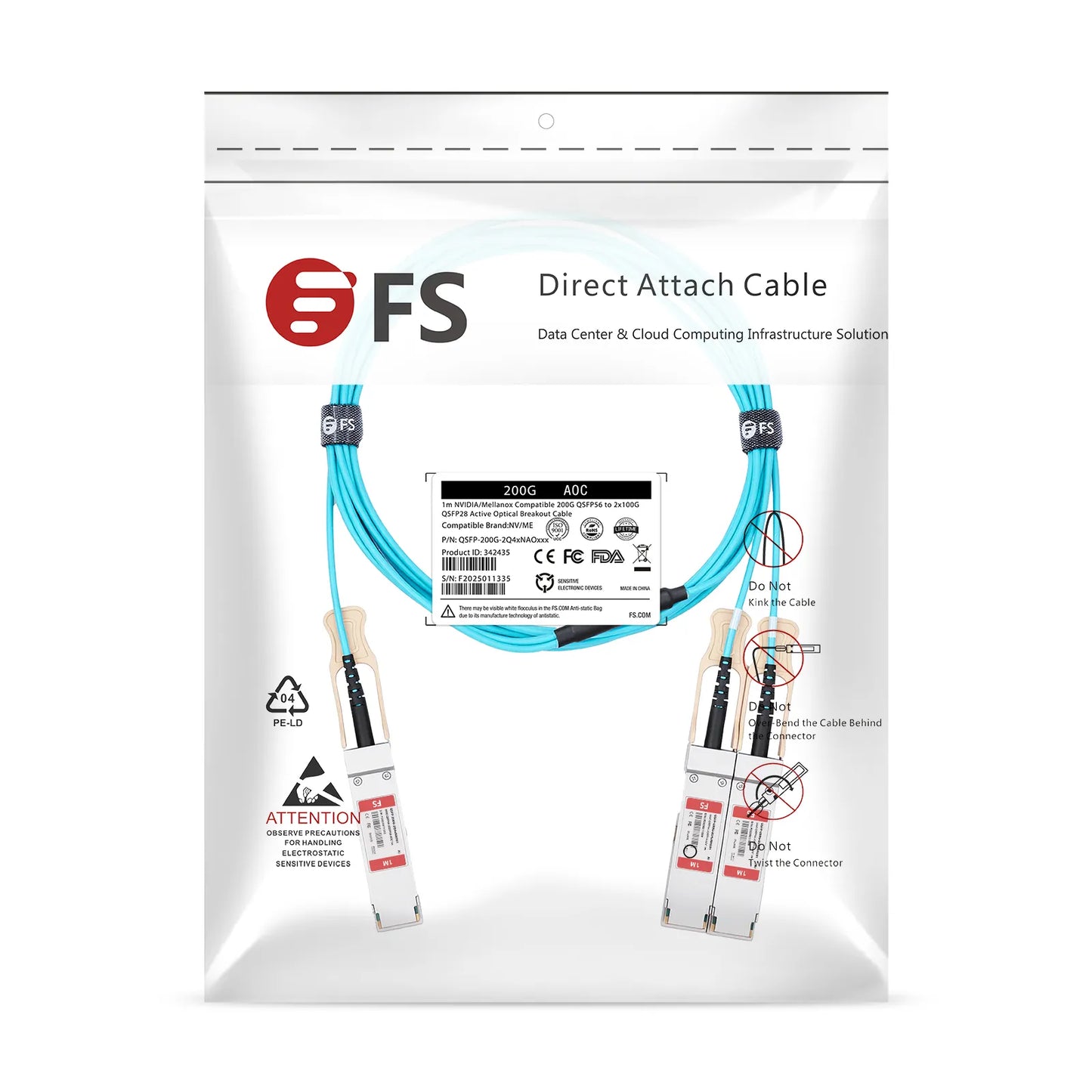10m (33ft) 200G QSFP56 4 x 50G PAM4 to 2 x 100G QSFP28 4 x 25G NRZ Active Breakout Optical Cable for FS Switches