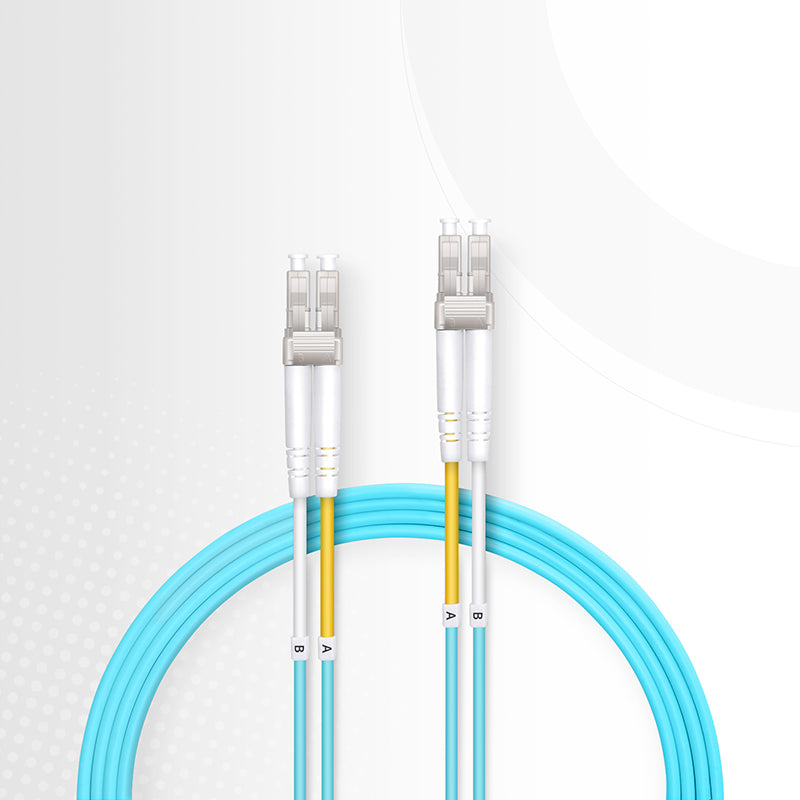 10m (33ft) Fiber Patch Cable, 2 Fibers, LC UPC Duplex to SC UPC Duplex, Multimode (OM3), Riser (OFNR), 2.0mm, Tight-Buffered, Aqua