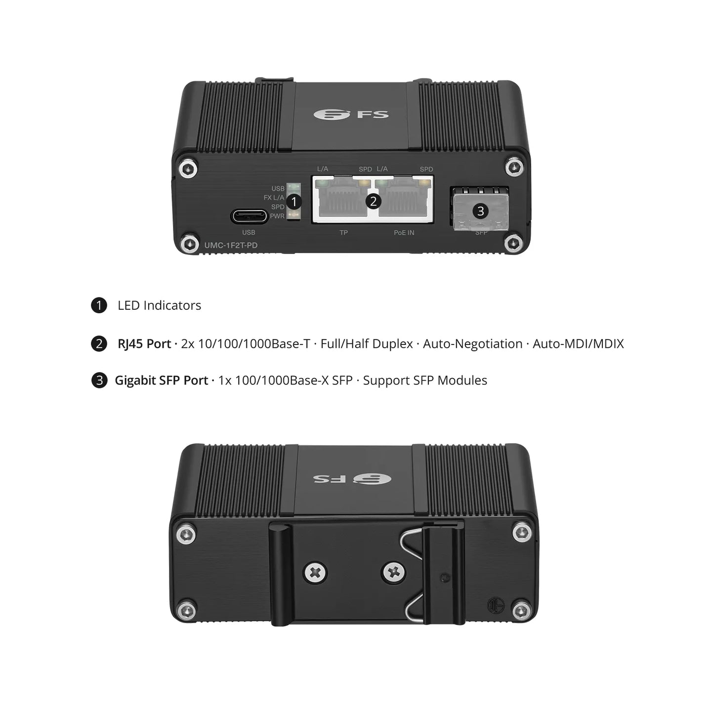 Unmanaged 2 x 10/100/1000Base-T RJ45 to 1 x 100/1000Base-X SFP Gigabit Ethernet PoE+ PD with USB DC Output Media Converter