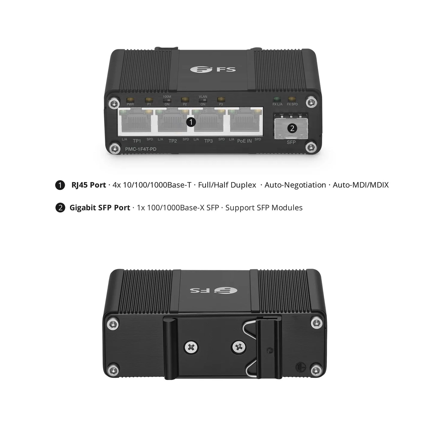 Unmanaged 4 x 10/100/1000Base-T RJ45 to 1 x 100/1000Base-X SFP Gigabit Ethernet PoE++ with PSE and PD Media Converter