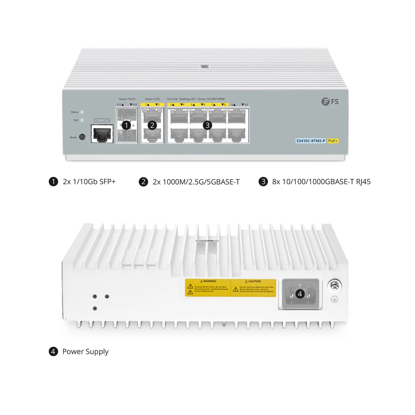 S3410C-8TMS-P, 8-Port Gigabit Ethernet L2+ PoE+ Switch, 8 x PoE+ Ports@125W, 2 x 5Gb RJ45, with 2 x 10Gb SFP+ Uplinks, PicOS®, Support MLAG, Broadcom Chip, Fanless