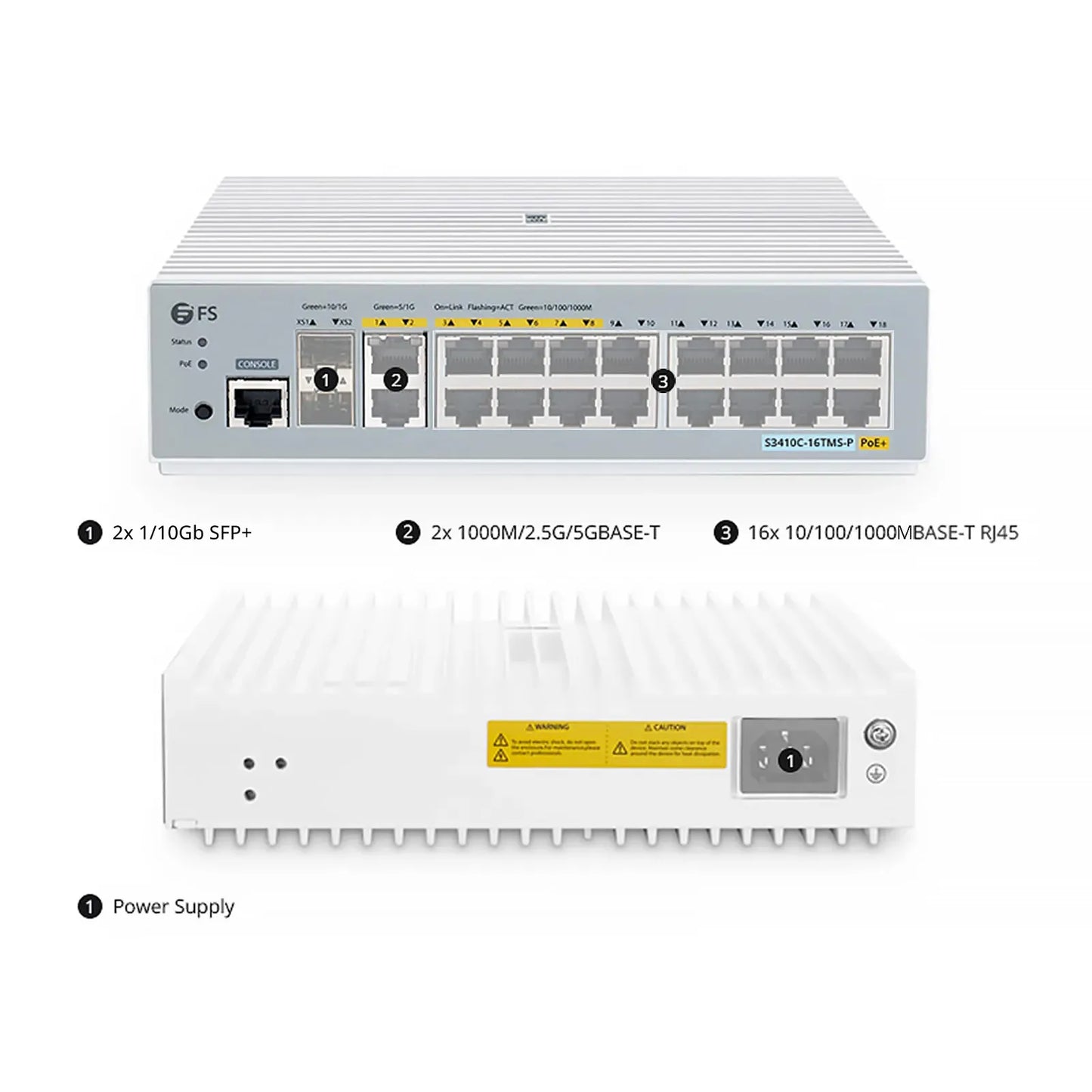 S3410C-16TMS-P, 16-Port Gigabit Ethernet L2+ PoE+ Switch, 6 x PoE+ Ports, 2 x 5Gb PoE+ Ports@125W, 10 x 1Gb RJ45, with 2 x 10Gb SFP+ Uplinks, PicOS®, Support MLAG, Broadcom Chip, Fanless