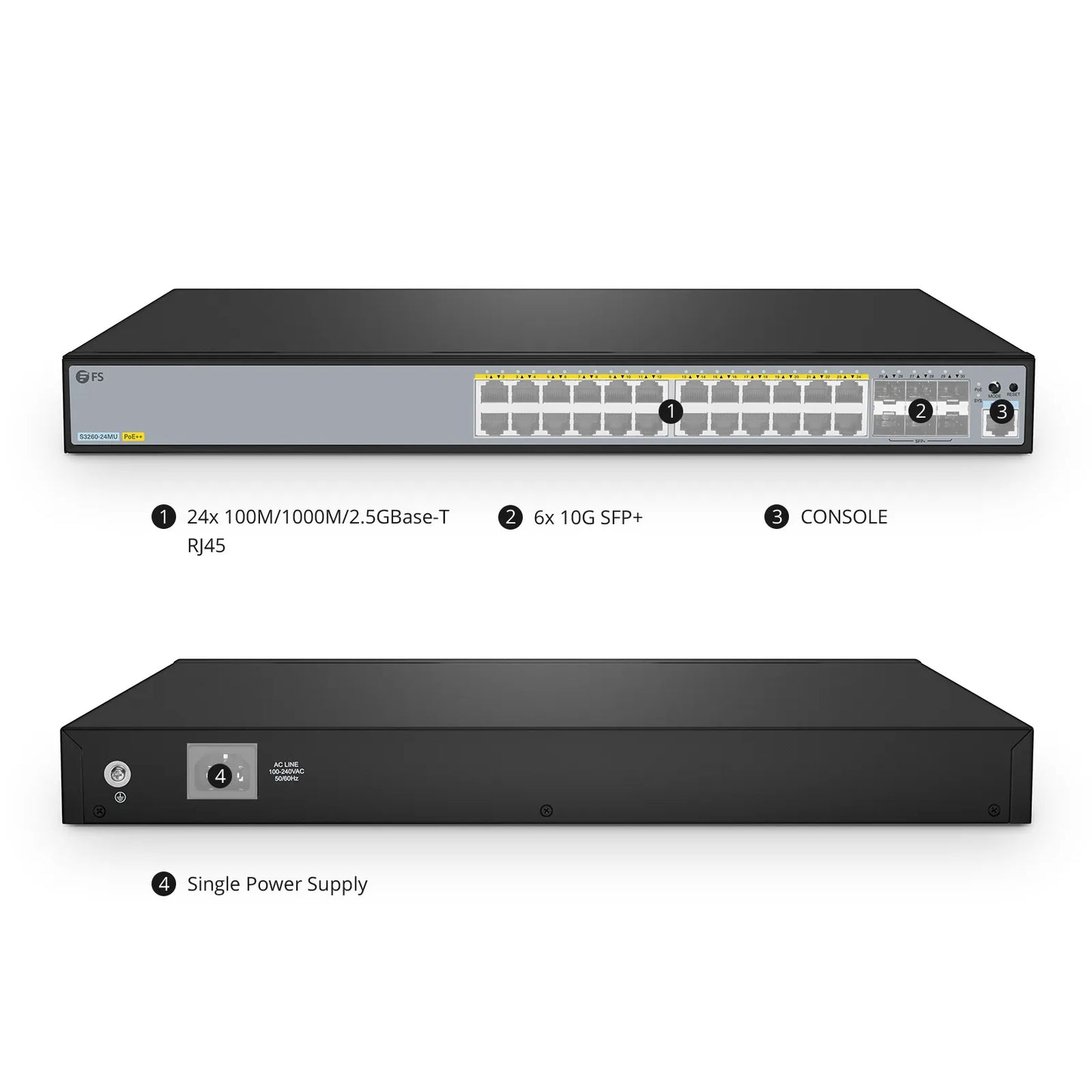 S3260-24MU, 24-Port Ethernet L2+ PoE++ Switch, 24 x 2.5GBASE-T/Multi-Gigabit, with 6 x 10Gb SFP+ Uplinks