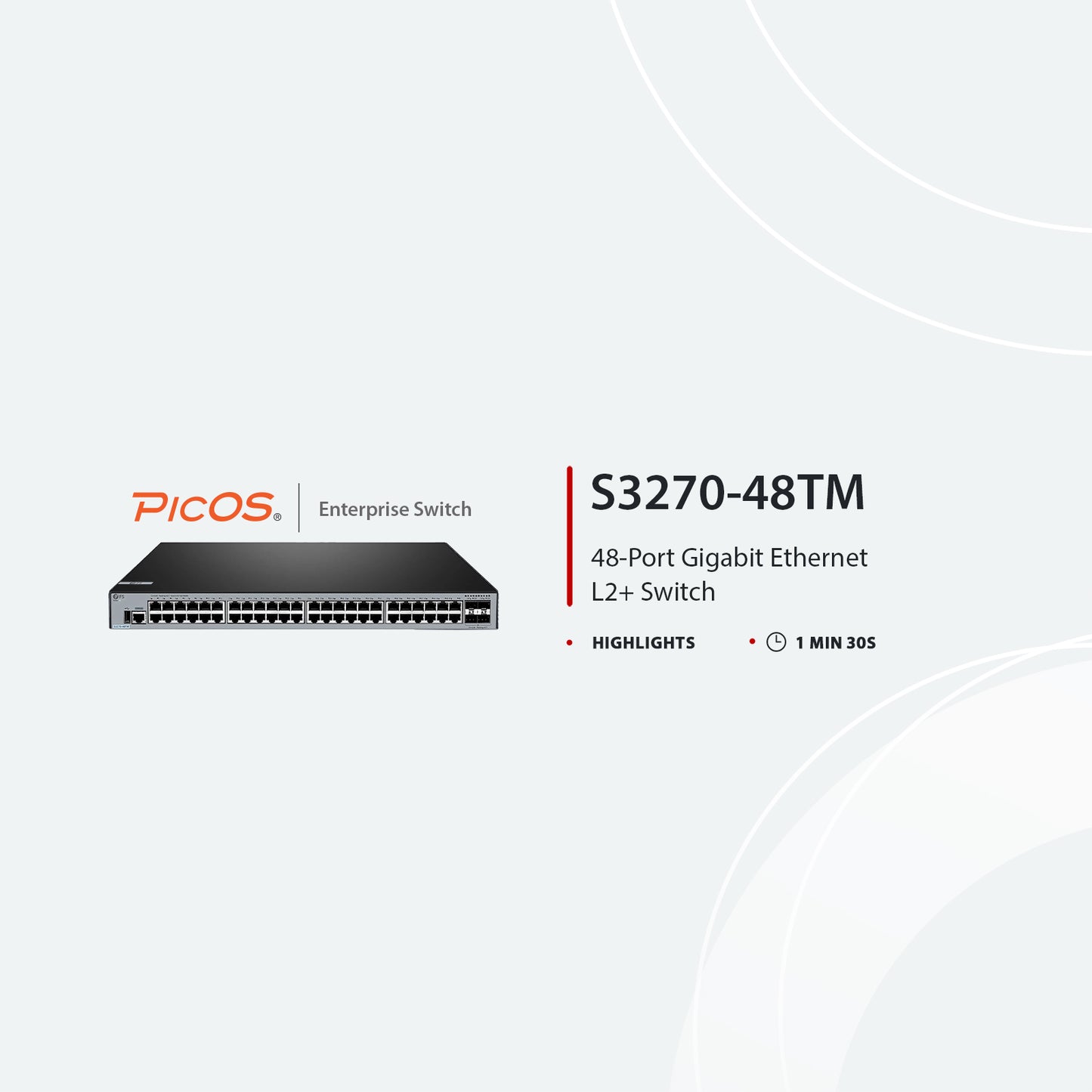 S3270-48TM, 48-Port Gigabit Ethernet L2+ Switch, 48 x Gigabit RJ45, with 4 x 1/2.5Gb SFP Uplinks, PicOS®, Broadcom Chip