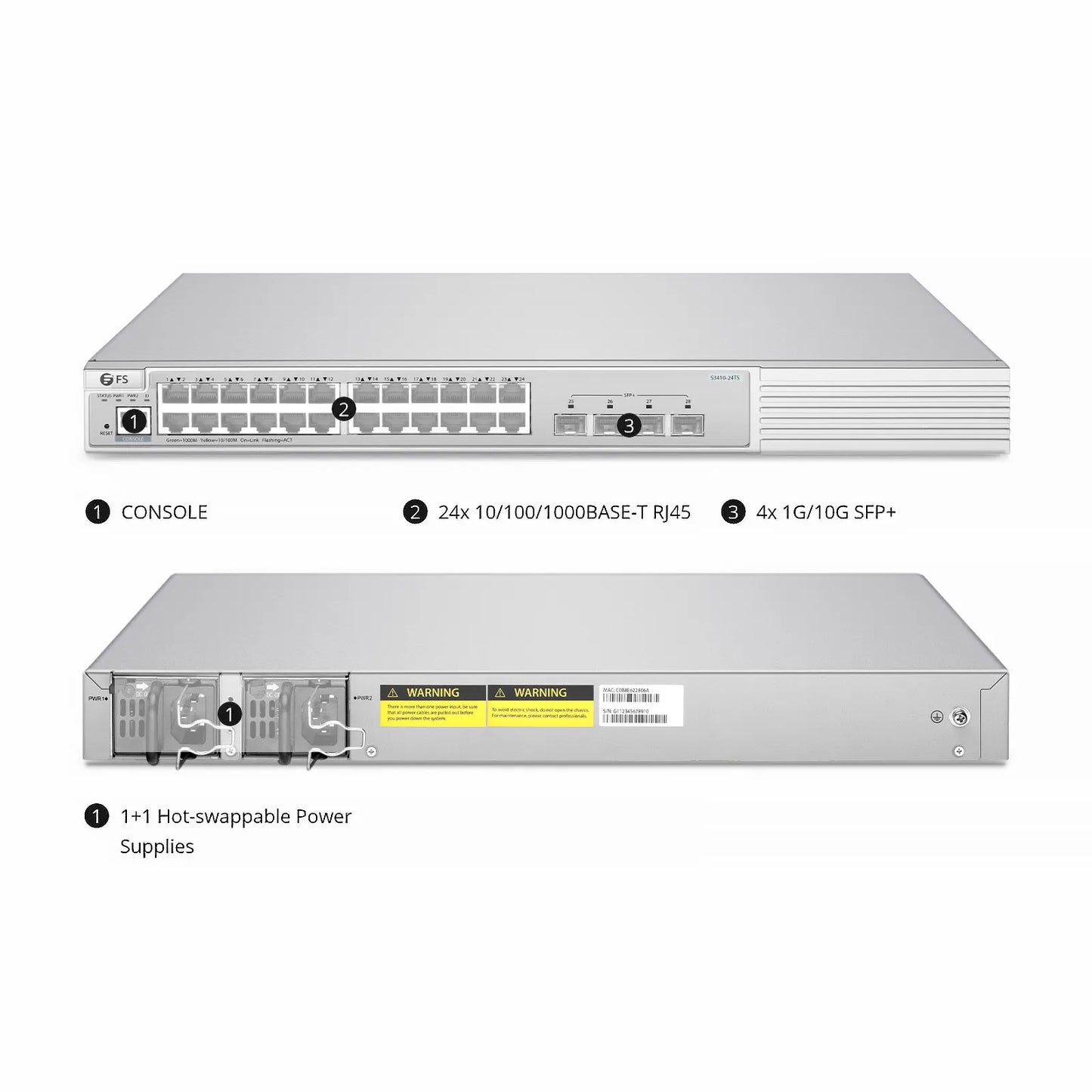 S3410-24TS, 24-Port Gigabit Ethernet L2+ Switch, 24 x Gigabit RJ45, with 4 x 10Gb SFP+ Uplinks, PicOS®, Support MLAG, Broadcom Chip