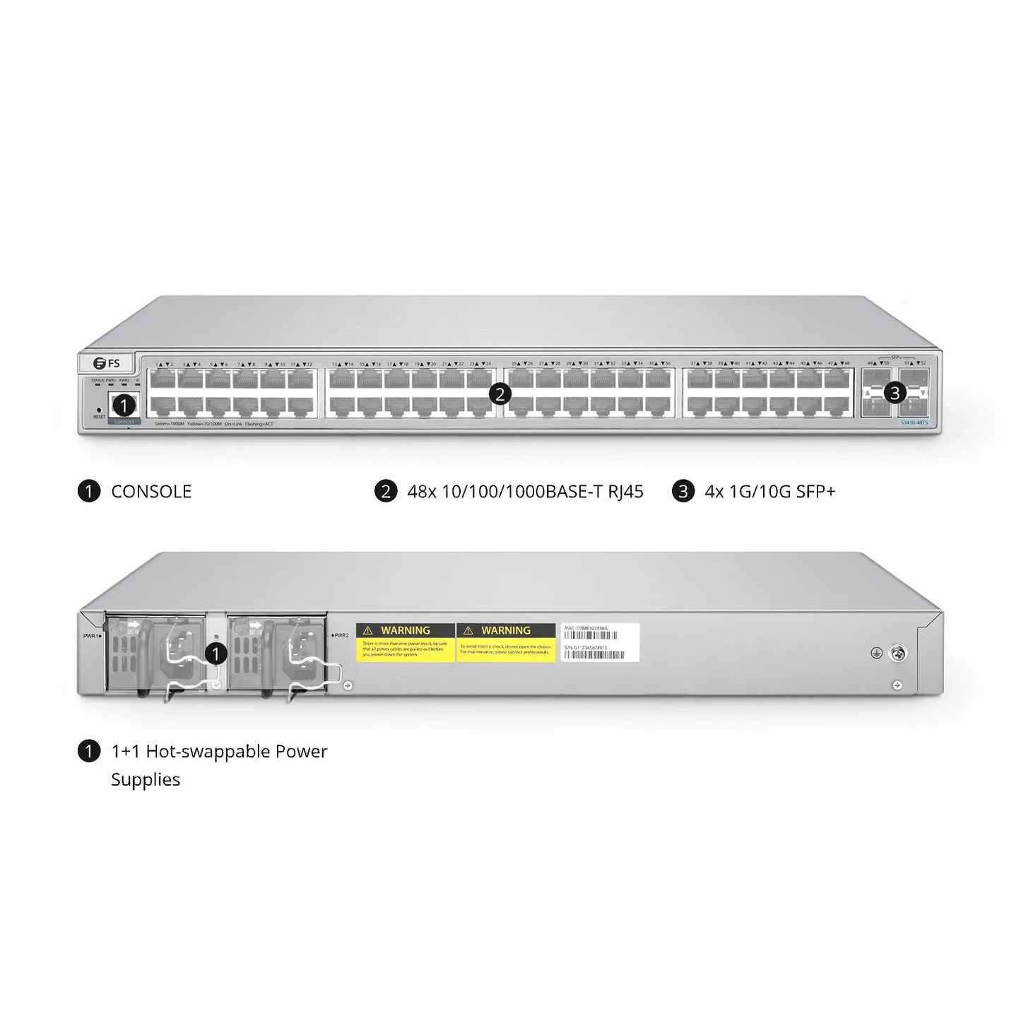 S3410-48TS, 48-Port Gigabit Ethernet L2+ Switch, 48 x Gigabit RJ45, with 4 x 10Gb SFP+ Uplinks, PicOS®, Support MLAG, Broadcom Chip