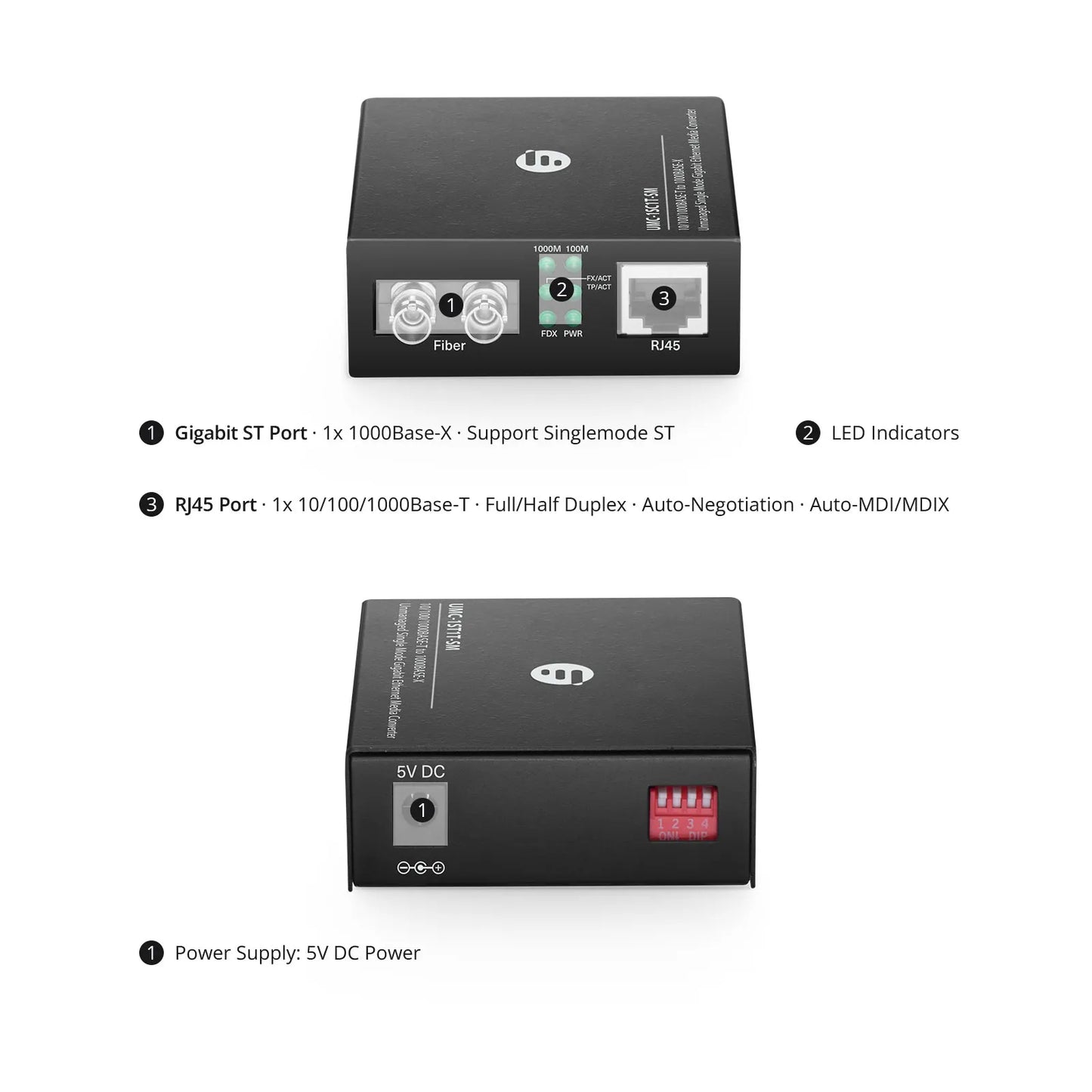 Unmanaged 1x 10/100/1000Base-T RJ45 to 1x 1000Base-X Single Mode ST 1310nm 20km Gigabit Ethernet Media Converter, American Plug Standard