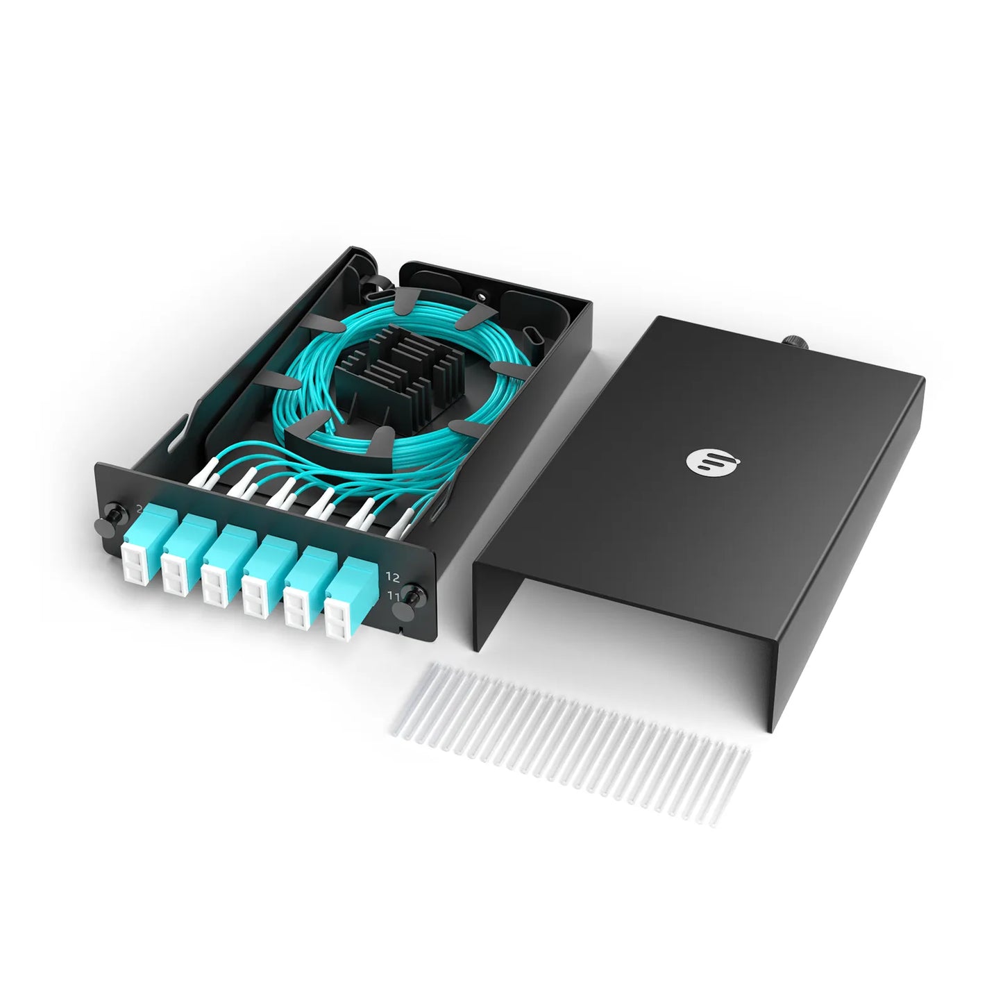 FHD™ LC Splice Cassette with Pigtails, 12 Fibers OM4 Multimode, 6 x LC UPC Duplex (Aqua), 0.3dB Max.