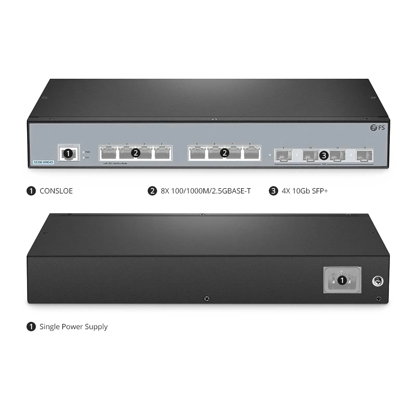 S3200-8MG4S, 8-Port Ethernet L2+ Switch, 8 x 100M/1000M/2.5G Multi-Gigabit RJ45, with 4 x 10Gb SFP+ Uplinks