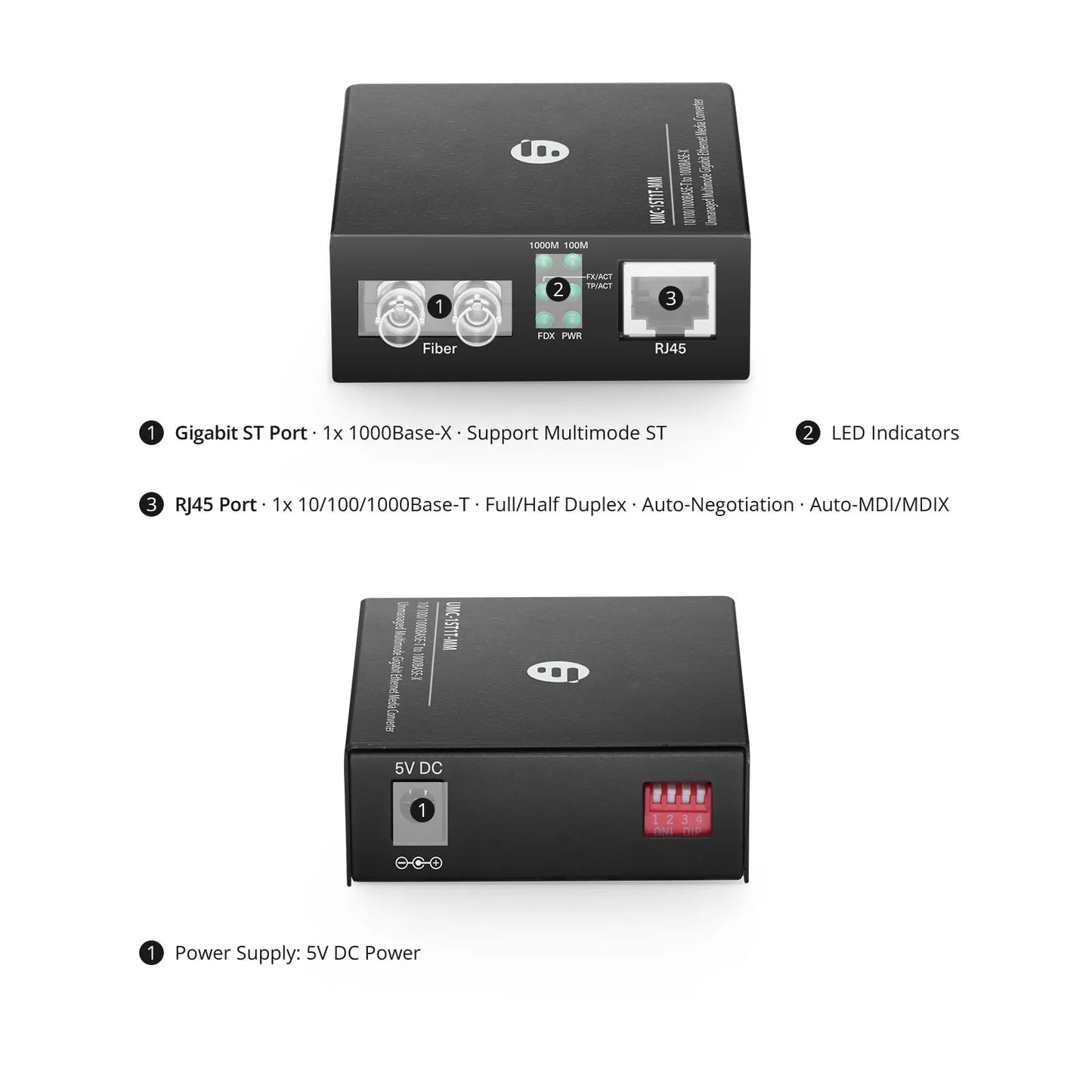 Unmanaged 1x 10/100/1000Base-T RJ45 to 1x 1000Base-X Multimode ST 850nm 220/550m Gigabit Ethernet Media Converter, European Plug Standard