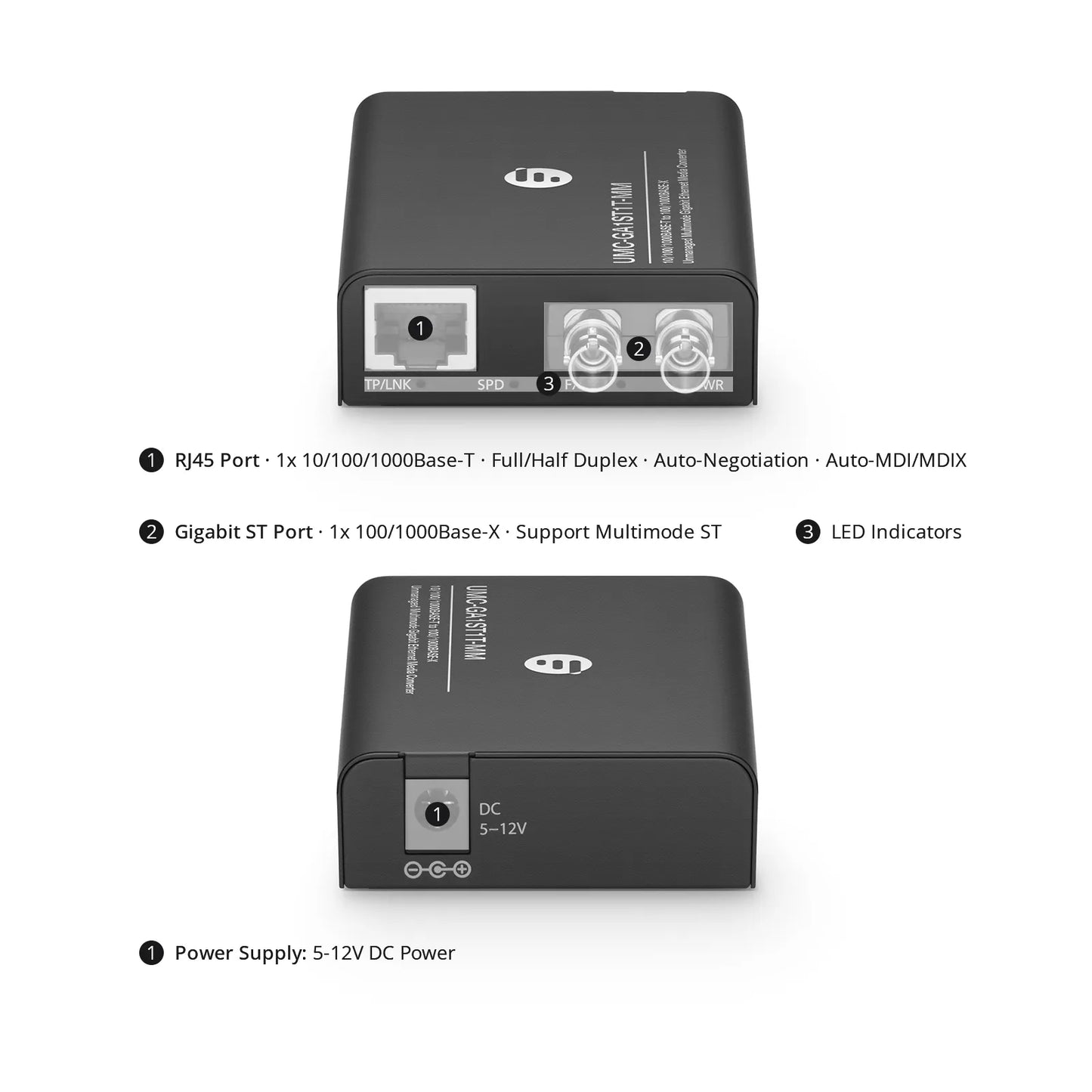 Mini Unmanaged 1x 10/100/1000Base-T RJ45 to 1x 100/1000Base-X Multimode ST 850nm 220/550m Gigabit Ethernet Media Converter, British Plug Standard
