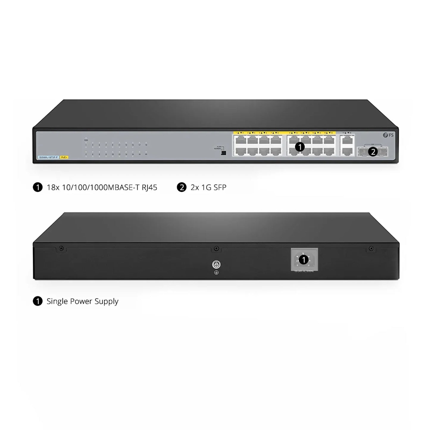 S2500L-18T2F-P, 18-Port Gigabit Ethernet L2 Unmanaged PoE+ Switch, 16 x PoE+ Ports@240W, 2 x 1Gb RJ45, with 2 x 1Gb SFP Uplinks, Desktop/Rackmount
