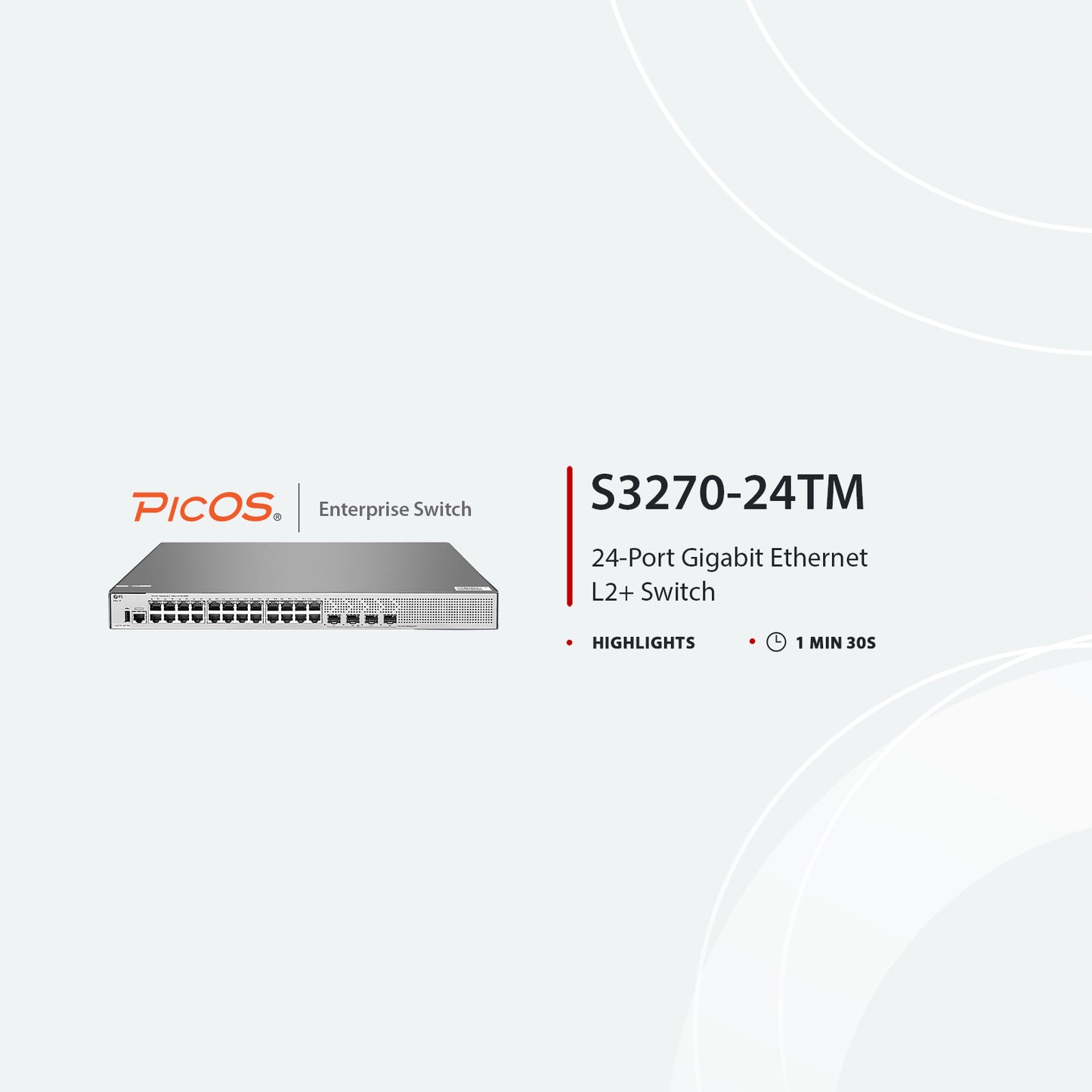 S3270-24TM, 24-Port Gigabit Ethernet L2+ Switch, 24 x Gigabit RJ45, with 4 x 1/2.5Gb SFP Uplinks, PicOS®, Broadcom Chip