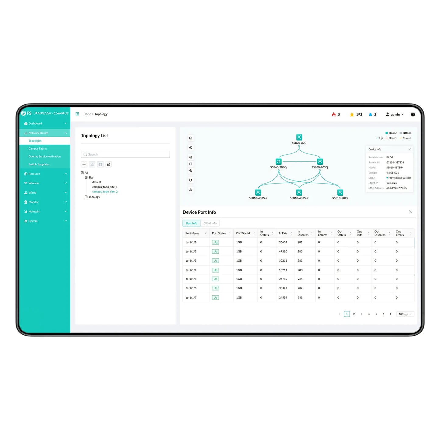 AmpCon-Campus Management Platform 1/3/5-Year Subscription with Support Service for PicOS® Enterprise Switches, Support Remote Deployment and Automate Network Management