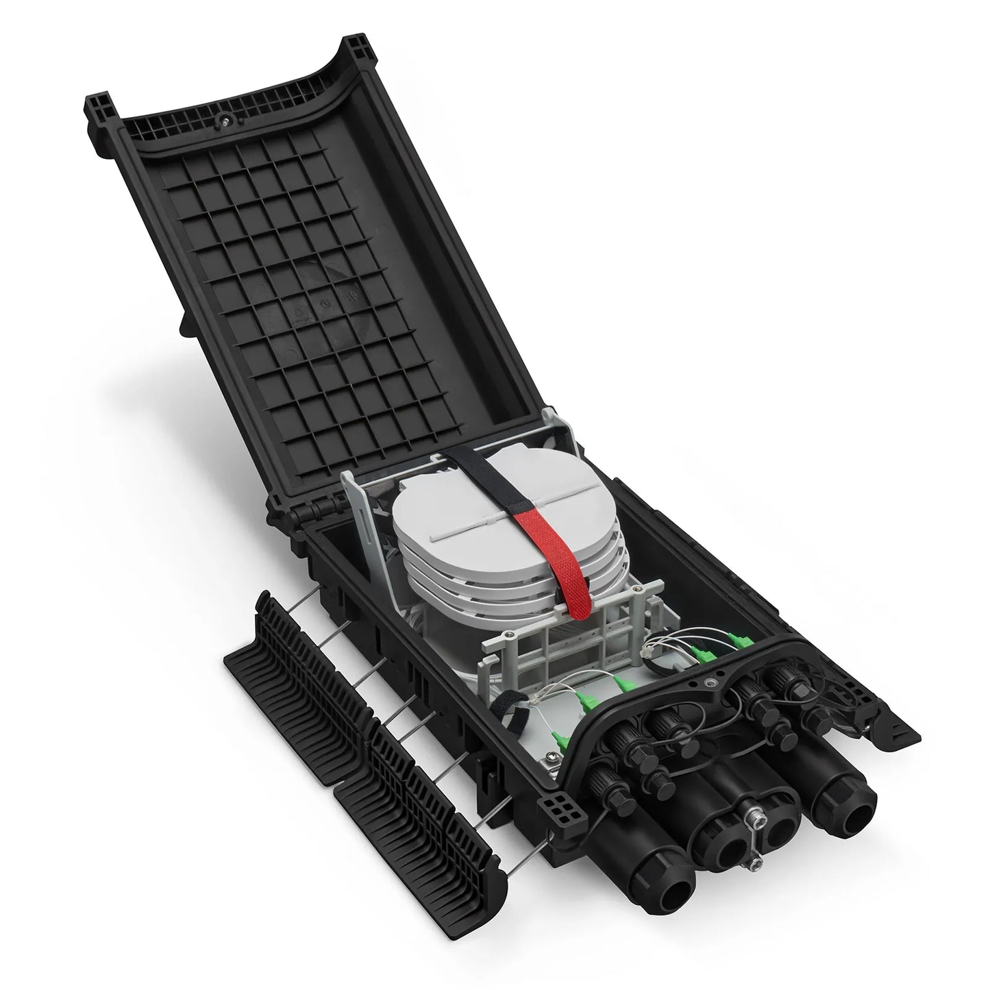 Fully Pre-Terminated Fiber Distribution Hub Box for Quick ODN, 1 Uncut Port, 2 Branch Ports and 8 SC/APC Hardened Adapters, Mechanical Seal, Supports 1:2/1:4/1:8 Mini Splitters, PP+GF, IP68, Wall/Pole/Aerial Mount, Indoor/Outdoor