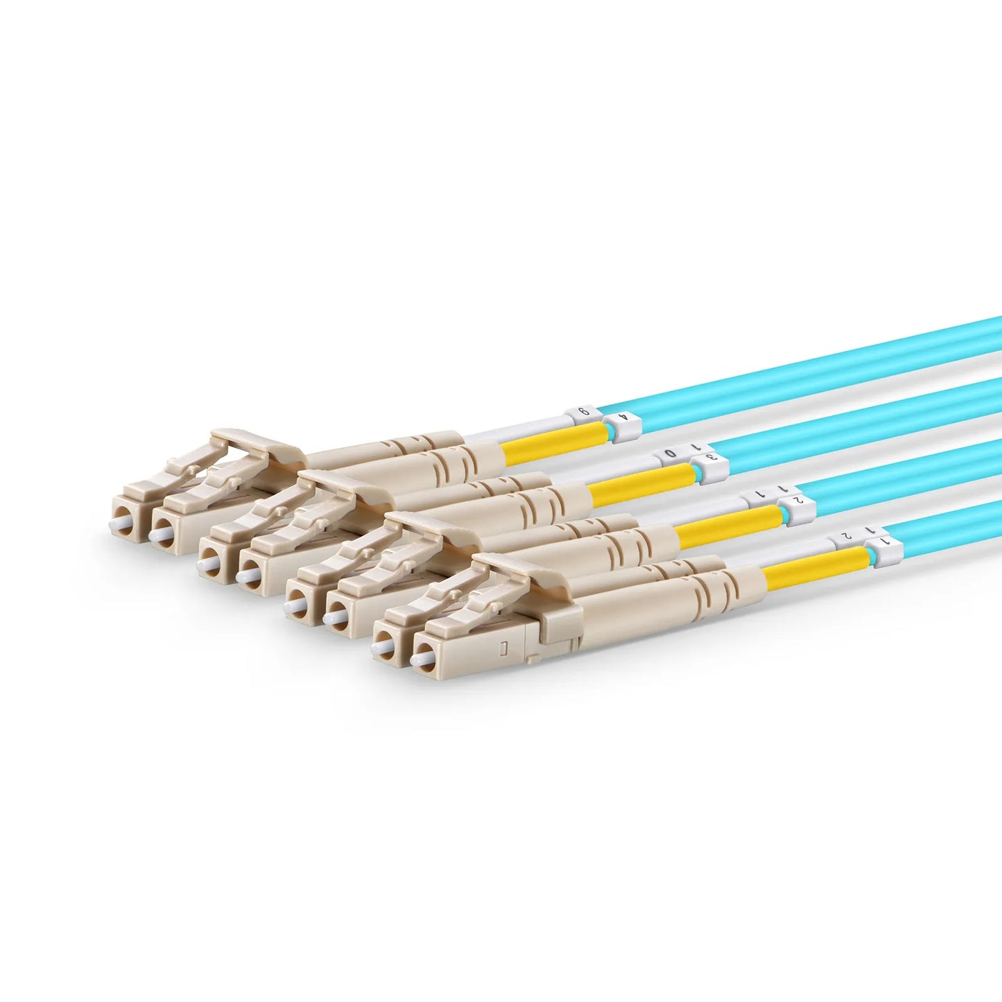 5m (16ft) MTP® Harness, MTP®-8 UPC (Female) to 4 x LC UPC Duplex, 8 Fibers, Multimode (OM4), Plenum (OFNP), 0.35dB Max, Type B, 1m Equal Breakout Length, Aqua