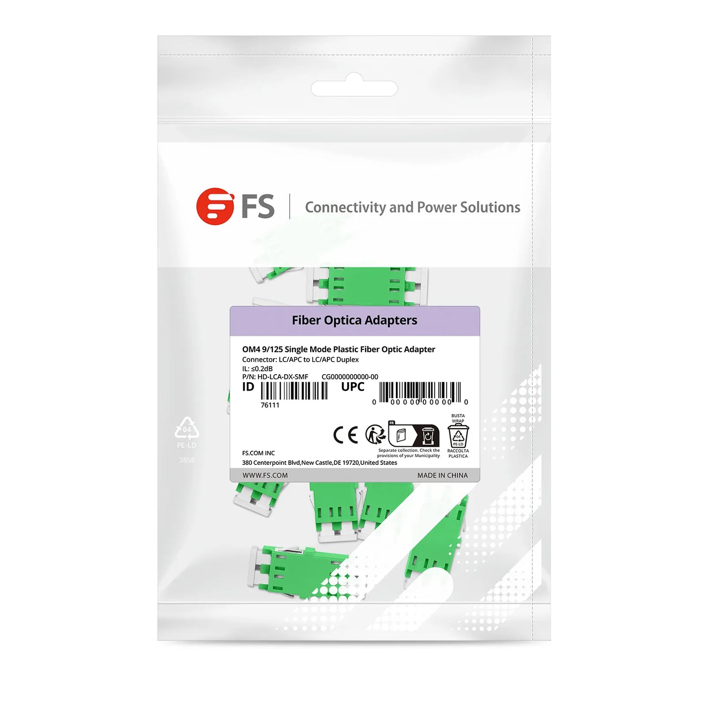 LC/APC to LC/APC Duplex OS2 Single Mode SC Footprint Plastic Fiber Optic Adapter/Coupler without Flange (10pcs/pack)