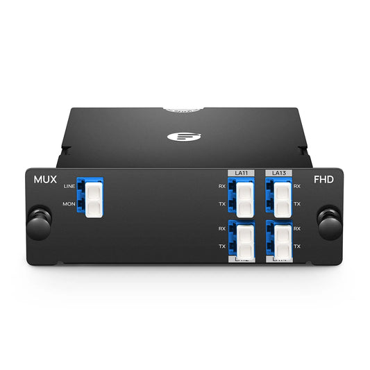 4 Channels LAN-WDM Mux Demux, 1295.56-1309.14nm, with Monitor Port, 2.8dB Typical IL, LC/UPC, Single Fiber, Side-A, High Density, FHD™ Plug-in Module