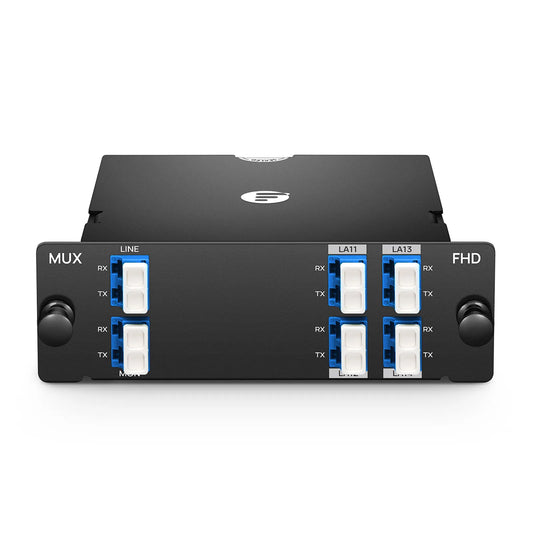 4 Channels LAN-WDM Mux Demux, 1295.56-1309.14nm, with Monitor Port, 1.5dB Typical IL, LC/UPC, Dual Fiber, High Density, FHD™ Plug-in Module