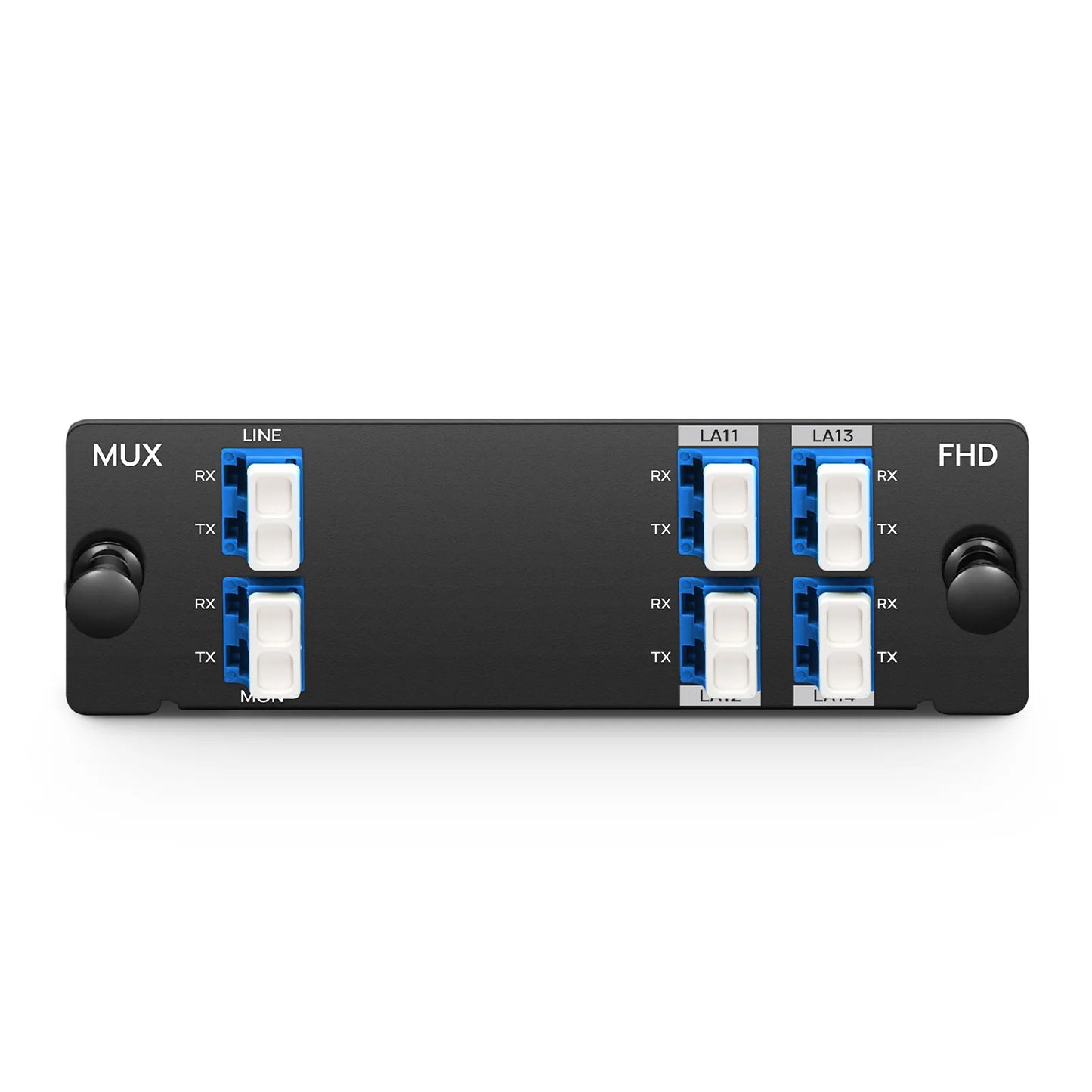 4 Channels LAN-WDM Mux Demux, 1295.56-1309.14nm, with Monitor Port, 1.5dB Typical IL, LC/UPC, Dual Fiber, High Density, FHD™ Plug-in Module