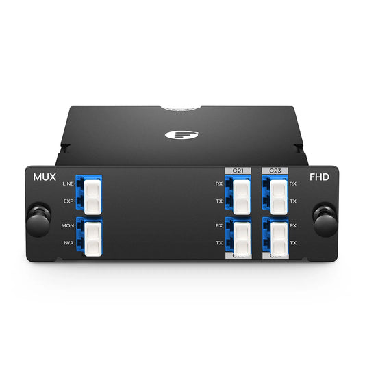 4 Channels DWDM Mux Demux, 100GHz C21-C24, with Monitor and Expansion Port, 2.75dB Typical IL, LC/UPC, Single Fiber, Side-A, High Density, FHD™ Plug-in Module