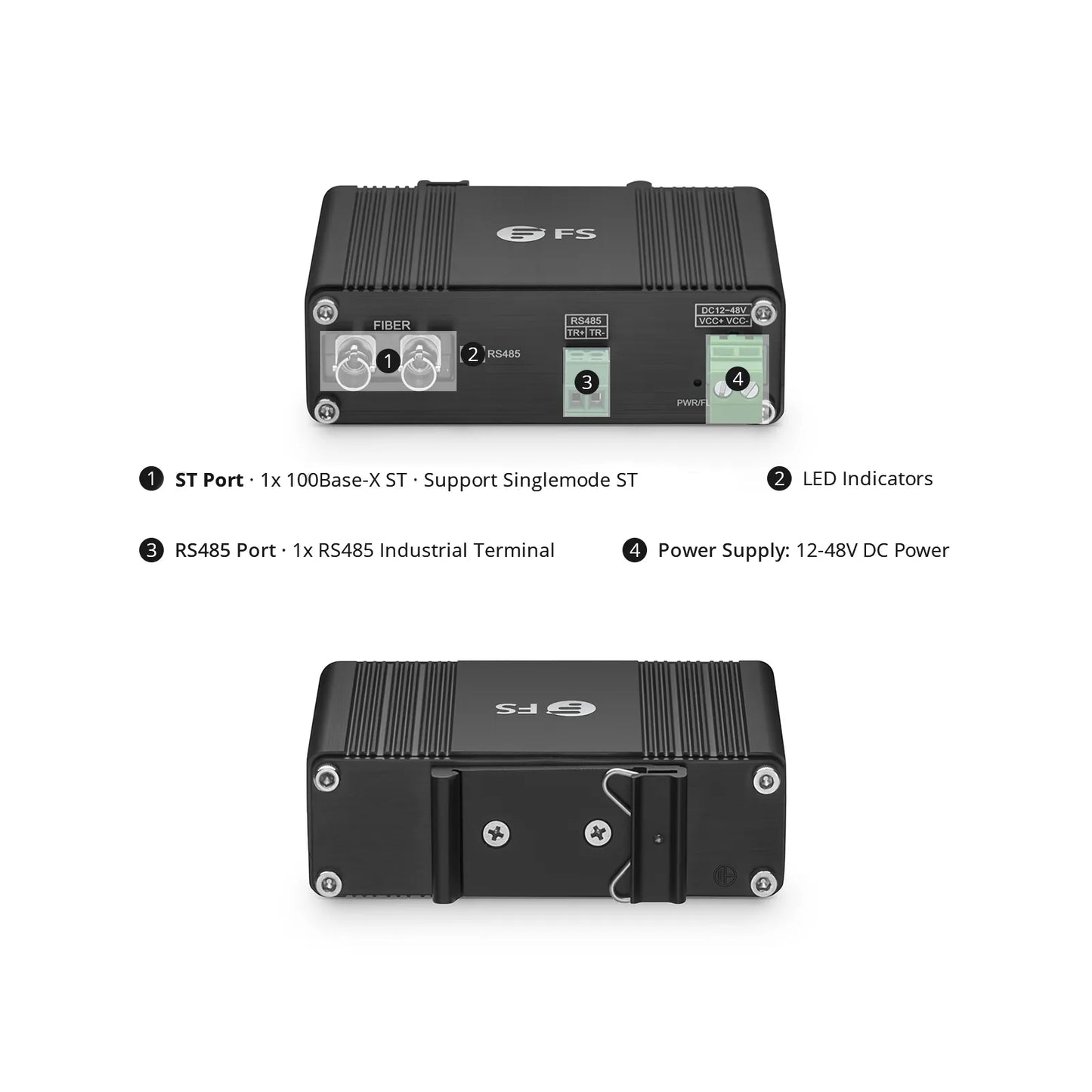 Industrial Unmanaged 1 x RS485 2-Wire to 1 x 100Base-X Single Mode ST 1310nm 20km Ethernet Media Converter