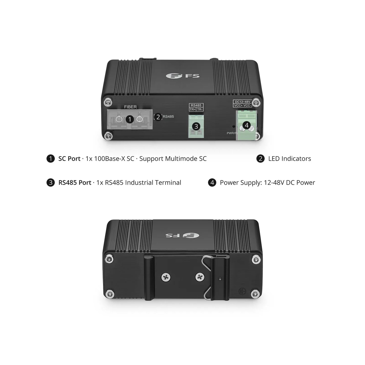 Industrial Unmanaged 1 x RS485 2-Wire to 1 x 100Base-X Multimode SC 850nm 550m Ethernet Media Converter