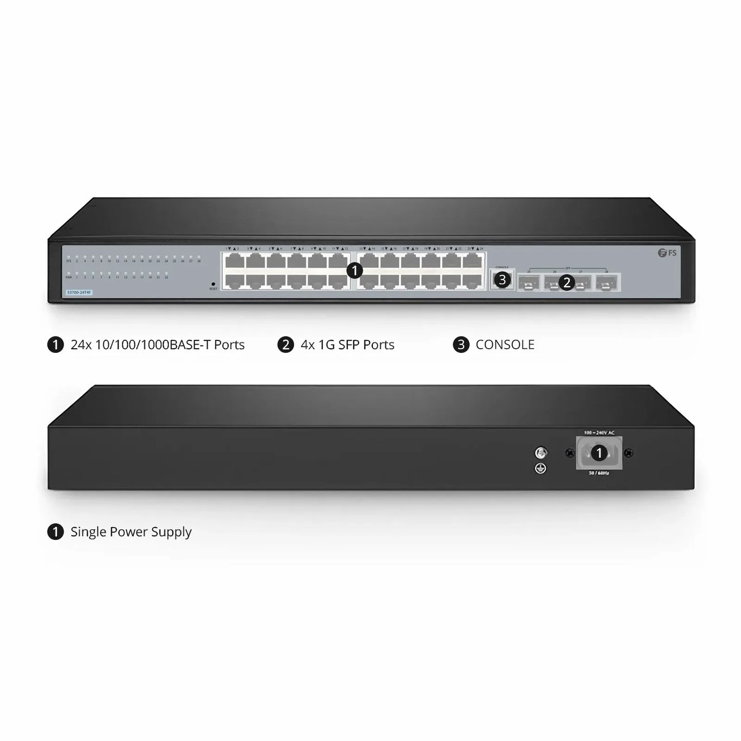 S3700-24T4F, 24-Port Gigabit Ethernet L2+ Switch, 24 x Gigabit RJ45, with 4 x 1Gb SFP Uplinks, Fanless