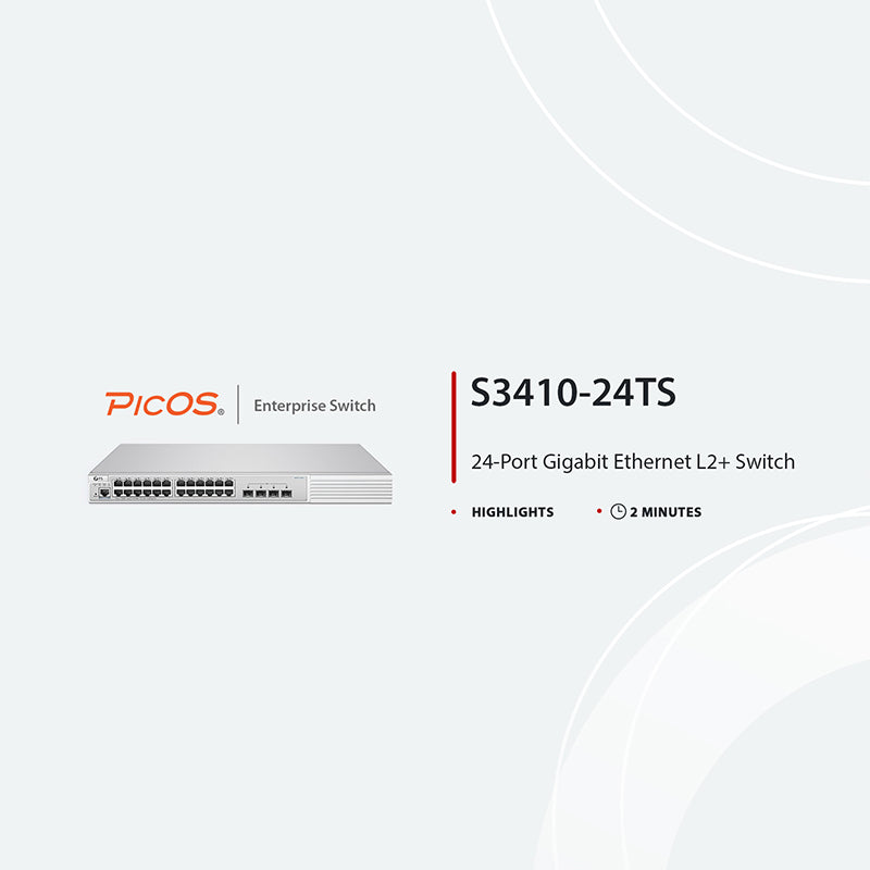 S3410-24TS, 24-Port Gigabit Ethernet L2+ Switch, 24 x Gigabit RJ45, with 4 x 10Gb SFP+ Uplinks, PicOS®, Support MLAG, Broadcom Chip