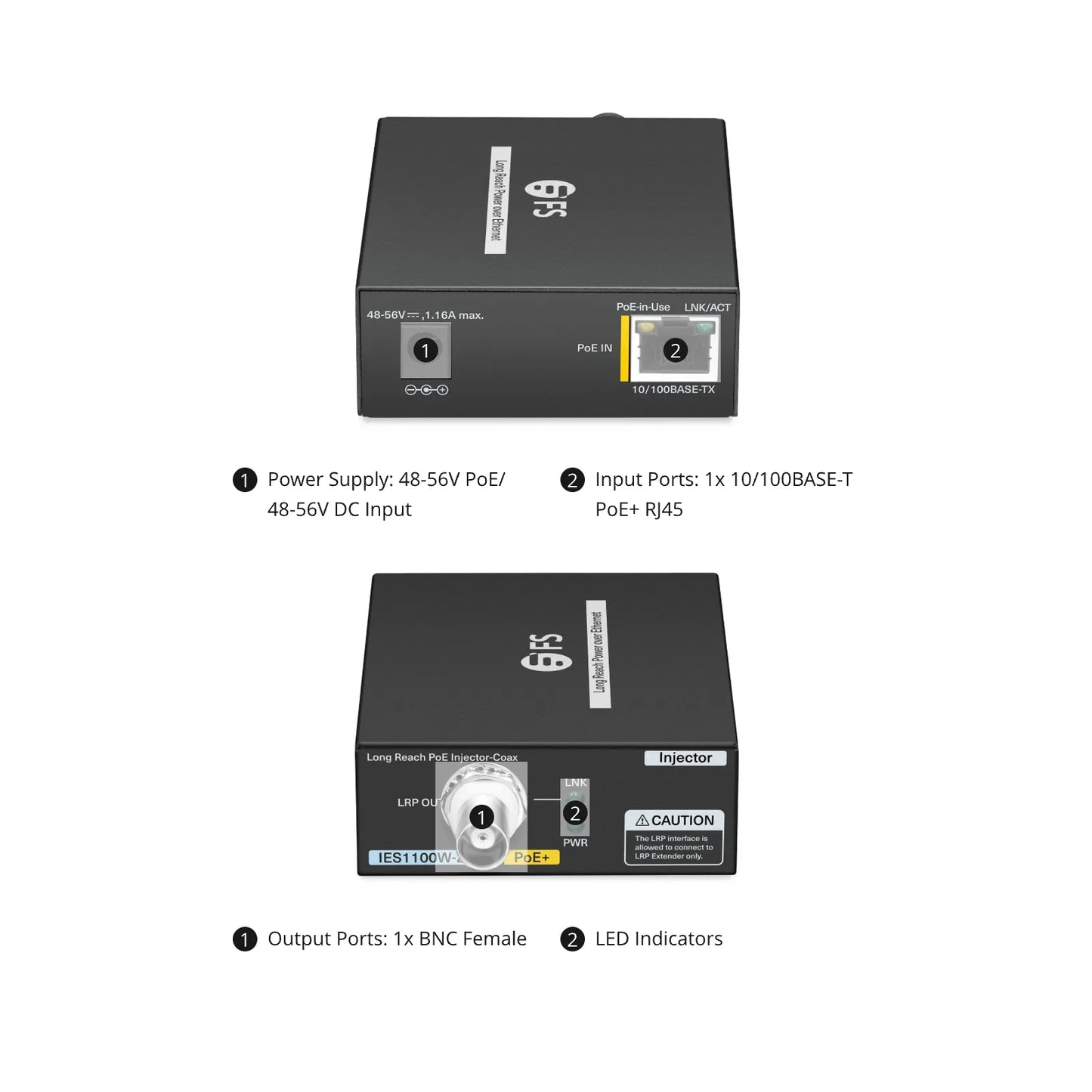 IES1100W-2PD, 1-Port 10/100M Fast Ethernet Long Reach PoE over Coaxial Injector, 1 x PoE+ Input to 1 x BNC Female Output, -20 to 70°C Operating Temperature