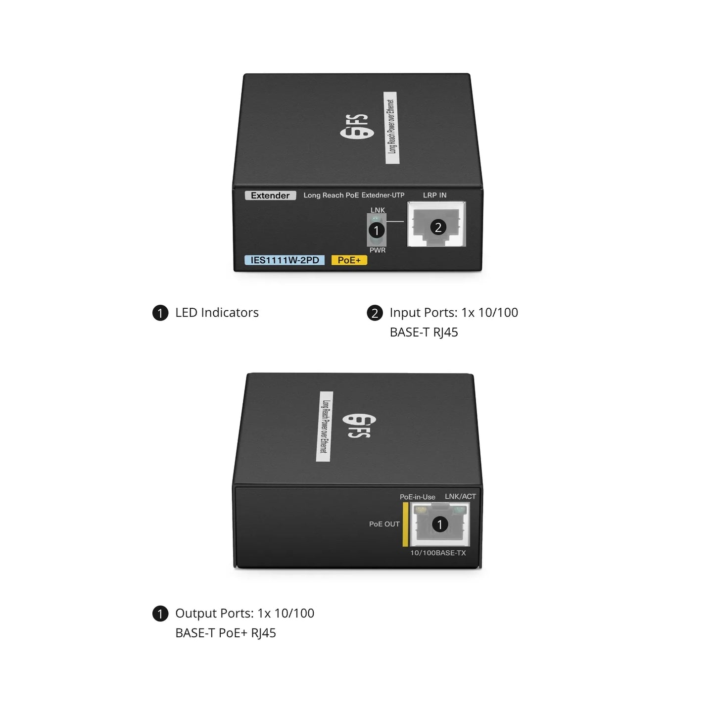 IES1111W-2PD, 1-Port 10/100M Fast Ethernet Long Reach PoE over UTP Extender, 1 x 10/100BASE-T RJ45 Input to 1 x PoE+ Output, -20 to 70°C Operating Temperature