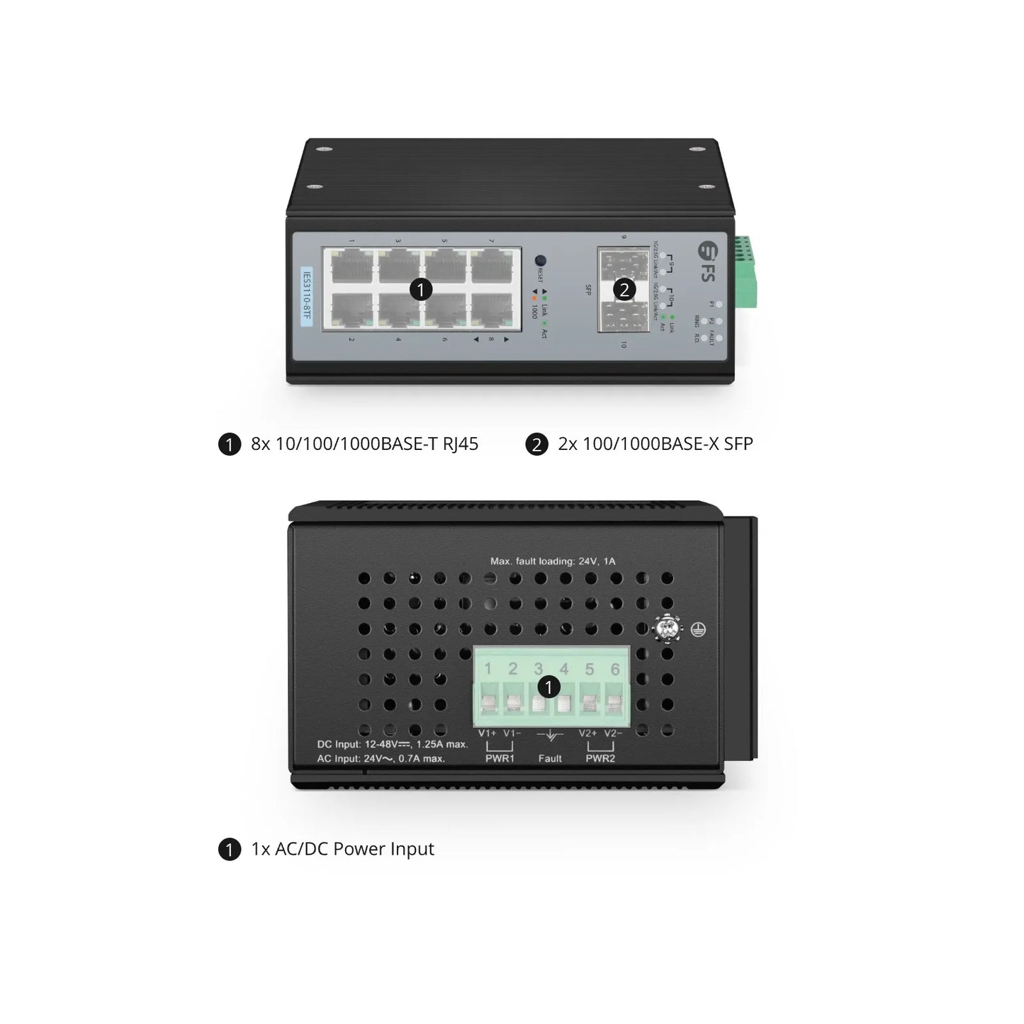 IES3110-8TF, 8-Port Gigabit Ethernet L2+ Managed Industrial Switch, 8 x 10/100/1000BASE-T, with 2 x 1Gb SFP, -40 to 75°C Operating Temperature