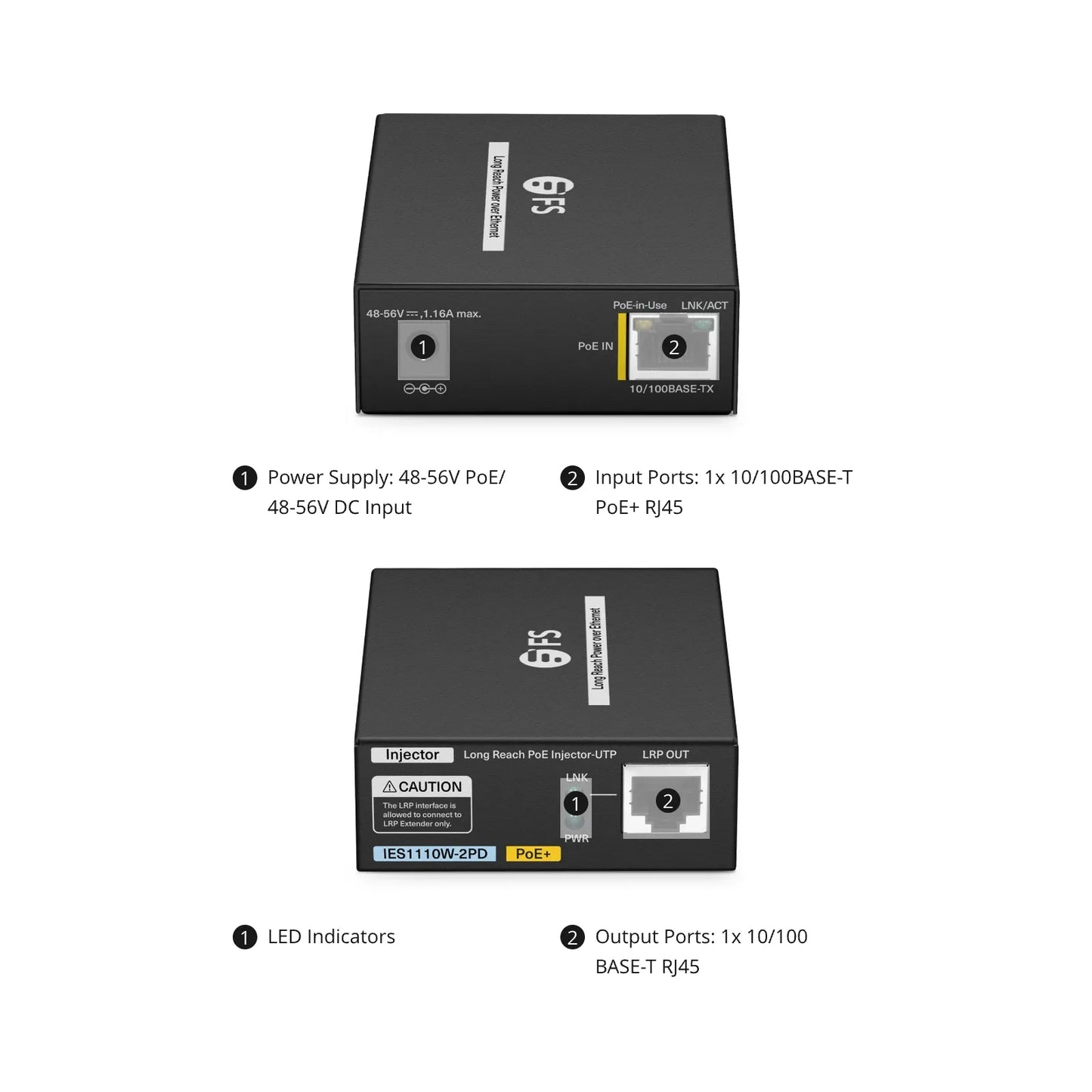 IES1110W-2PD, 1-Port 10/100M Fast Ethernet Long Reach PoE over UTP Injector, 1 x PoE+ Input to 1 x 10/100BASE-T RJ45 Output, -20 to 70°C Operating Temperature