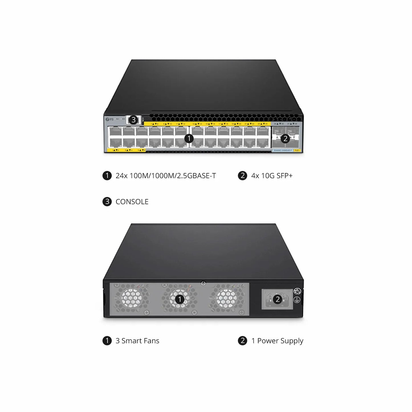S3400C-24MG4S-P, 24-Port Ethernet L2+ PoE+ Switch, 24 x 2.5GBASE-T/Multi-Gigabit, with 4 x 10Gb SFP+ Uplinks