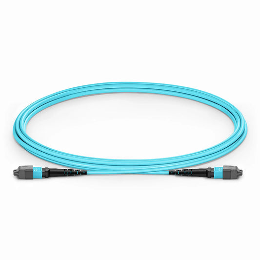 2m (7ft) MTP® Jumper, MTP®-12 UPC (Female) to MTP®-12 UPC (Female), 12 Fibers, Multimode (OM3), Plenum (OFNP), 0.35dB Max, Type B, Aqua