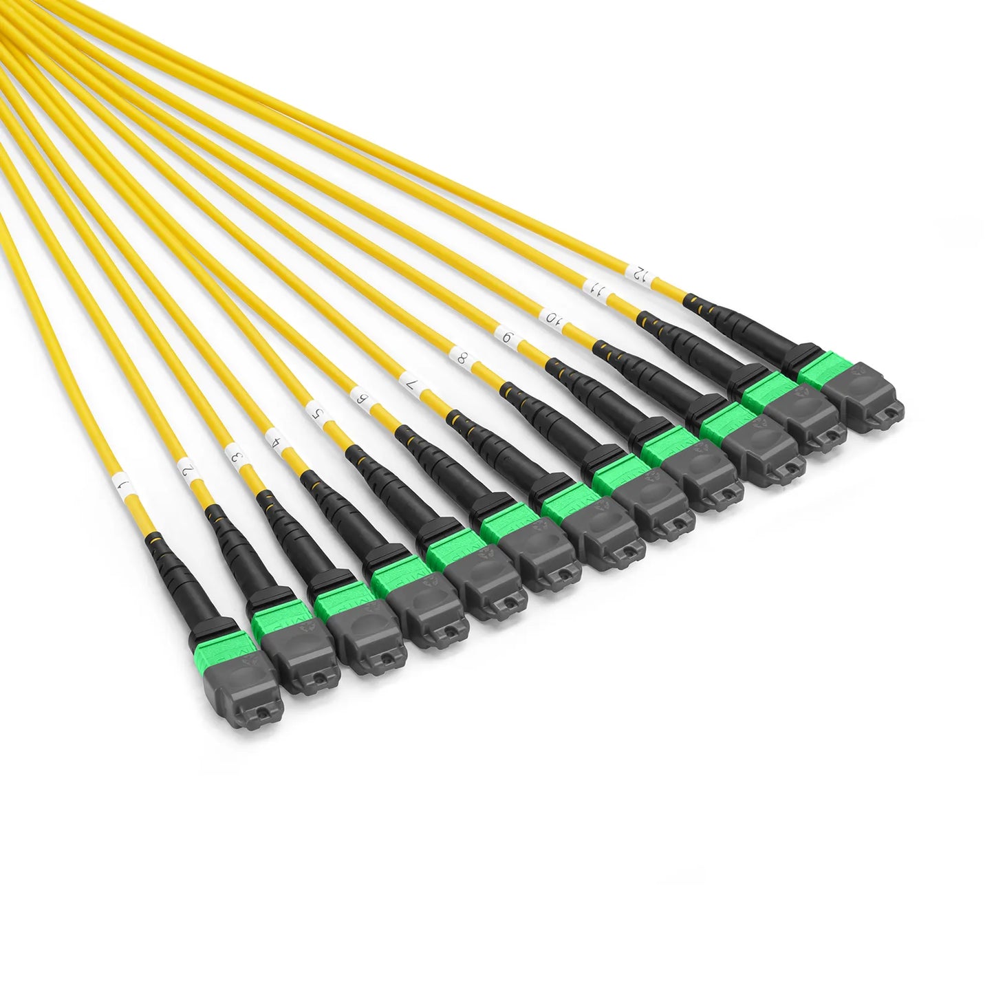 30m (98ft) MTP® Pigtail Trunk Cable, MTP-12® APC (Male) to Unterminated, 144 Fibers, Single Mode (OS2), LSZH, 0.35dB Max, Double Jacket, Yellow