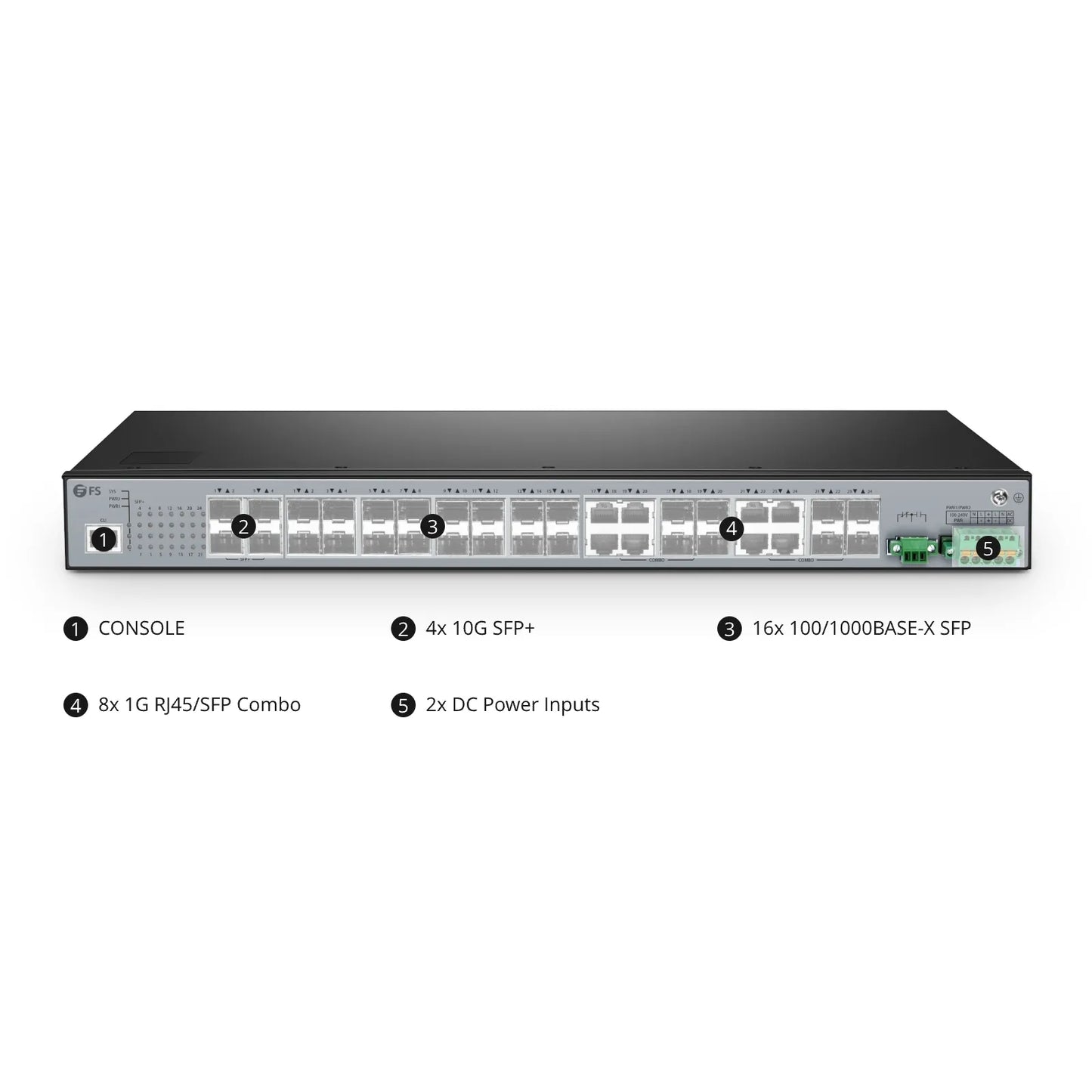 IES5100-24FS, 24-Port Gigabit Ethernet L2+ Managed Industrial Switch, 16 x 1Gb SFP, with 8 x 1Gb RJ45/SFP Combo and 4 x 10Gb SFP+, -40 to 85°C Operating Temperature