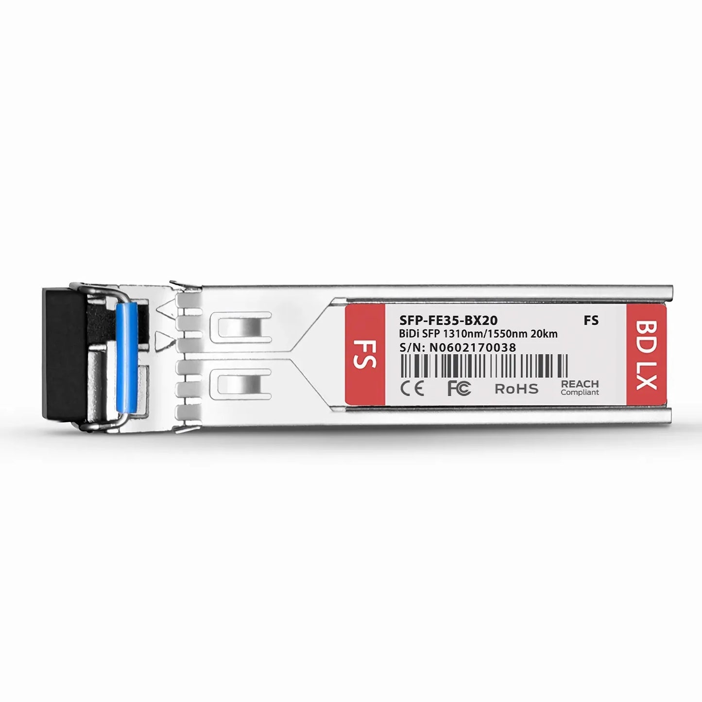 100BASE-BX-U SFP BiDi 1310nm-TX/1550nm-RX 20km DOM Simplex LC SMF Optical Transceiver Module for FS Switches