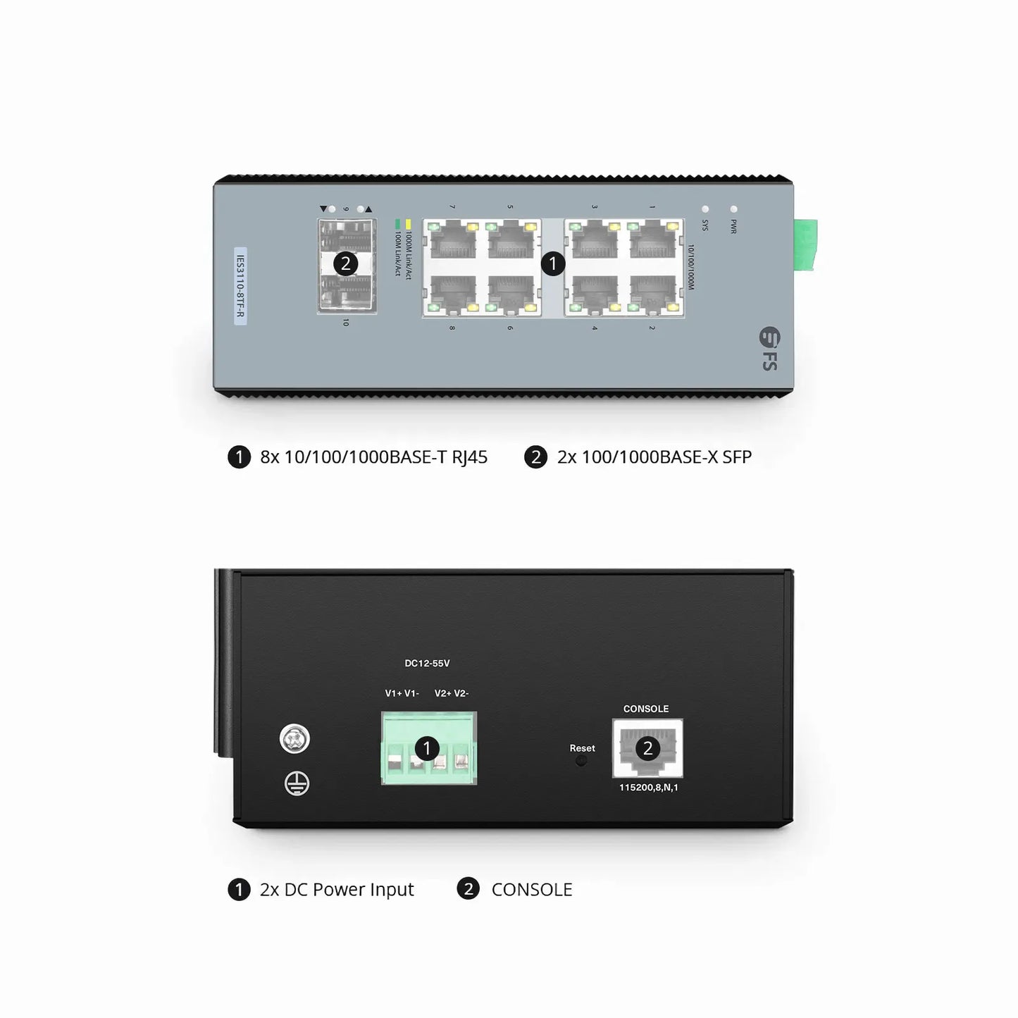 IES3110-8TF-R, 8-Port Gigabit Ethernet L2+ Managed Industrial Switch, 8 x 10/100/1000BASE-T, with 2 x 1Gb SFP, -40 to 75°C Operating Temperature
