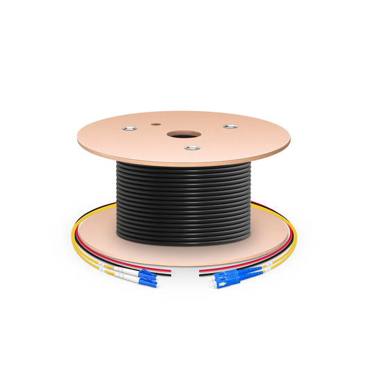 200m (656ft) Hybrid Fiber and Power Cable, Indoor, Plenum (OFNP), Single Mode (OS2), 2 Fibers, Tight-Buffered, LC UPC Simplex to SC UPC Simplex, 2 Conductors 12AWG