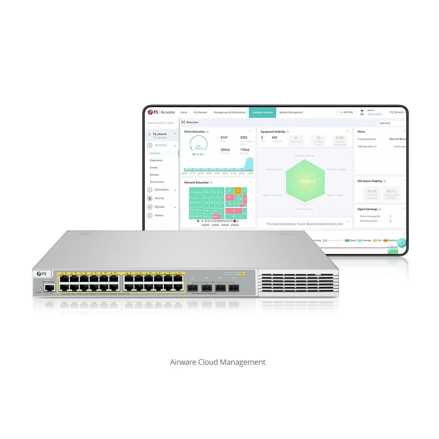 S3410-24TF-P, 24-Port Ethernet L2+ PoE+ Switch, 24 x PoE+ Ports @370W, with 4 x 1Gb SFP Uplinks, Stackable Switch, Broadcom Chip