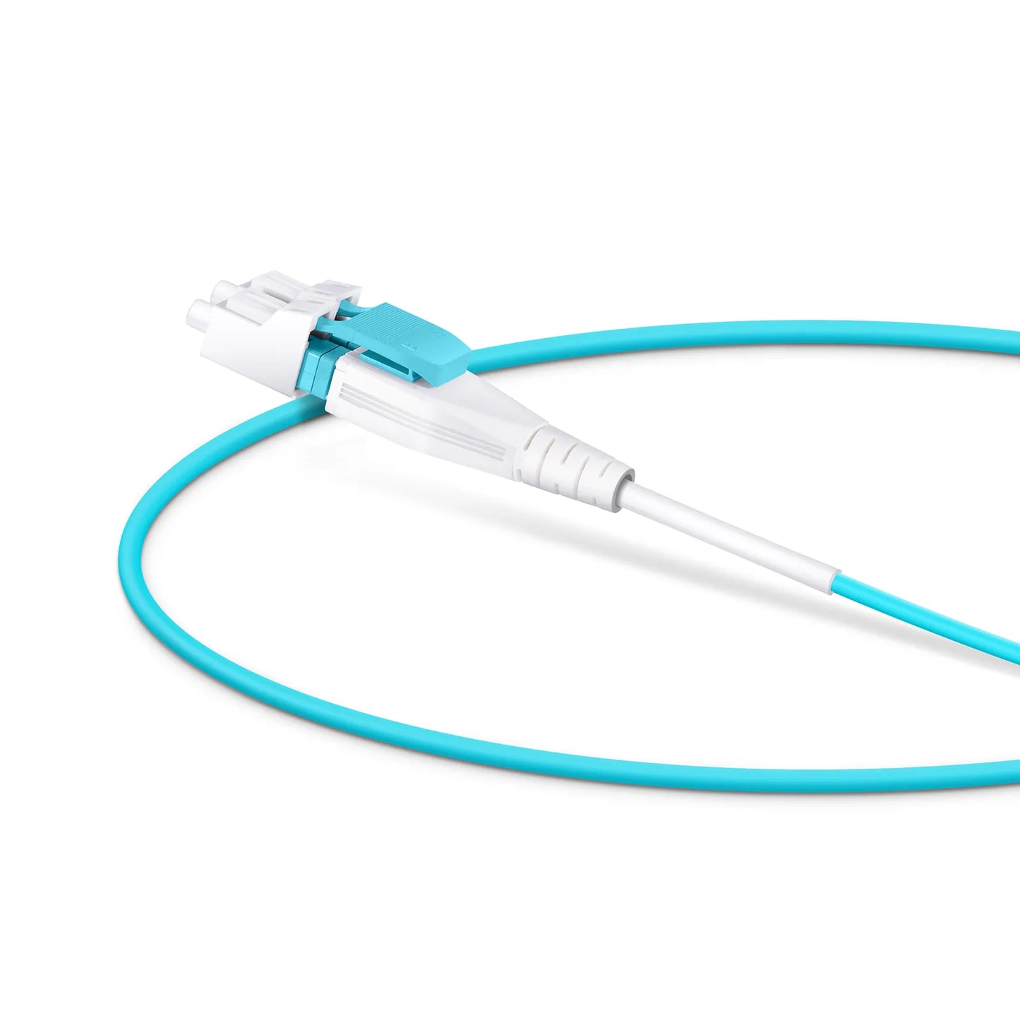 0.5m (1.6ft) Fiber Patch Cable, 2 Fibers, LC UPC Duplex to LC UPC Duplex Flat Clip Uniboot, Multimode (OM4), Riser (OFNR), 2.0mm, Aqua