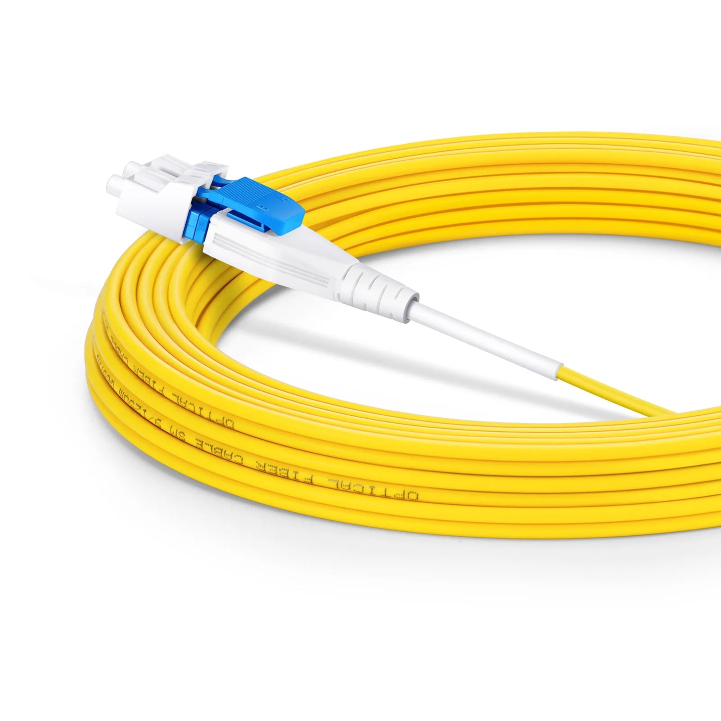 10m (33ft) Fiber Patch Cable, 2 Fibers, LC UPC Duplex to LC UPC Duplex Flat Clip Uniboot, Single Mode (OS2), Riser (OFNR), 2.0mm, Yellow