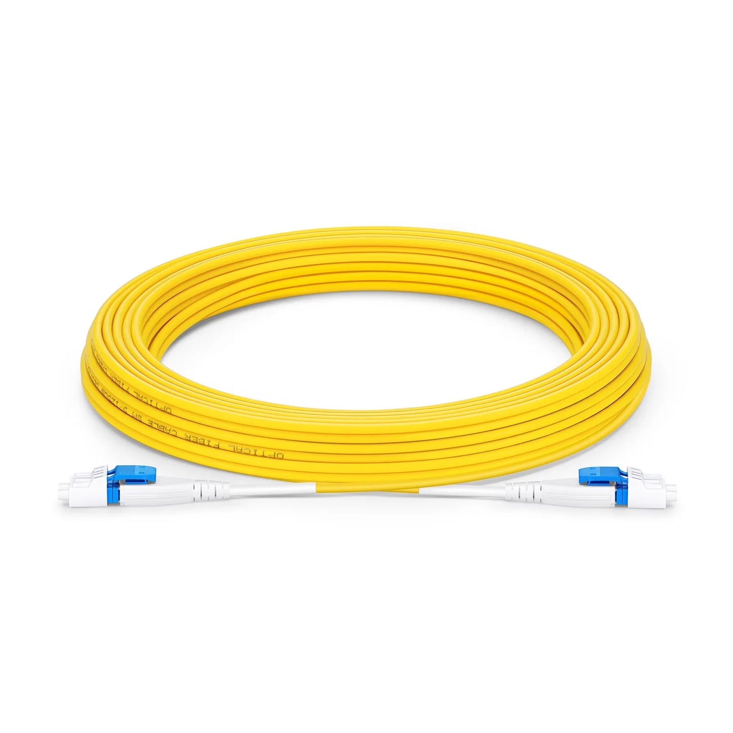10m (33ft) Fiber Patch Cable, 2 Fibers, LC UPC Duplex to LC UPC Duplex Flat Clip Uniboot, Single Mode (OS2), Riser (OFNR), 2.0mm, Yellow