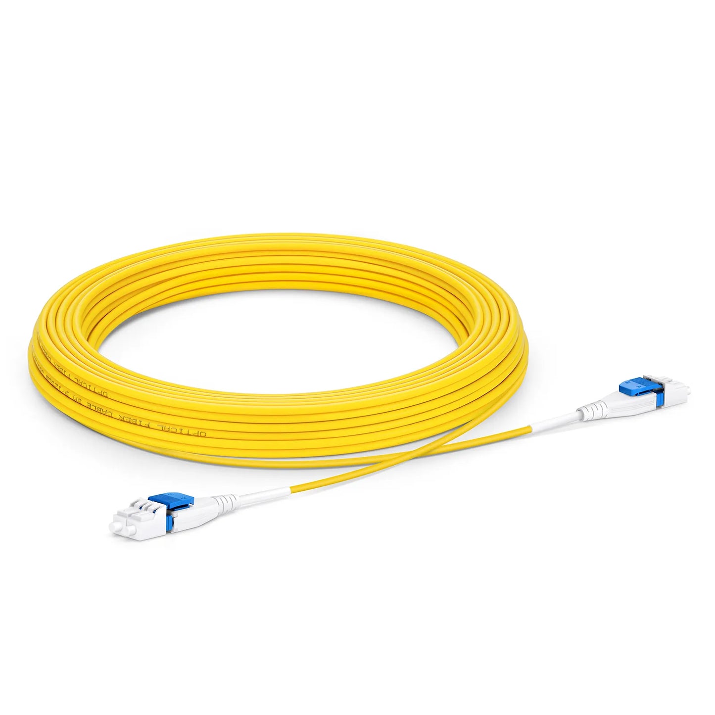 10m (33ft) Fiber Patch Cable, 2 Fibers, LC UPC Duplex to LC UPC Duplex Flat Clip Uniboot, Single Mode (OS2), Riser (OFNR), 2.0mm, Yellow