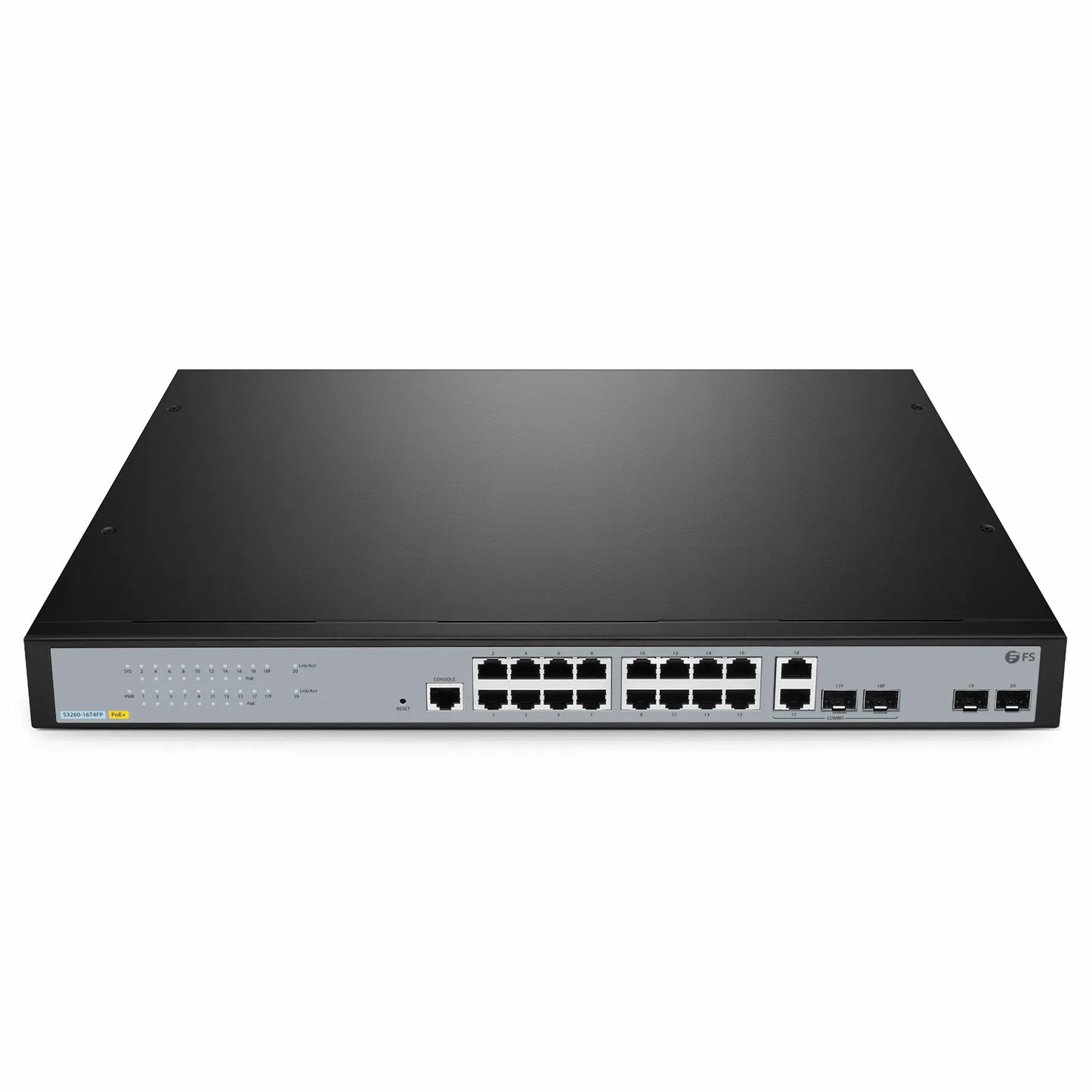 S3260-16T4FP, 16-Port Gigabit Ethernet L2+ PoE+ Switch, 16 x PoE+ Ports @250W, with 2 x 1Gb SFP Uplinks and 2 x Combo SFP Ports, Support IEEE 802.3af/at