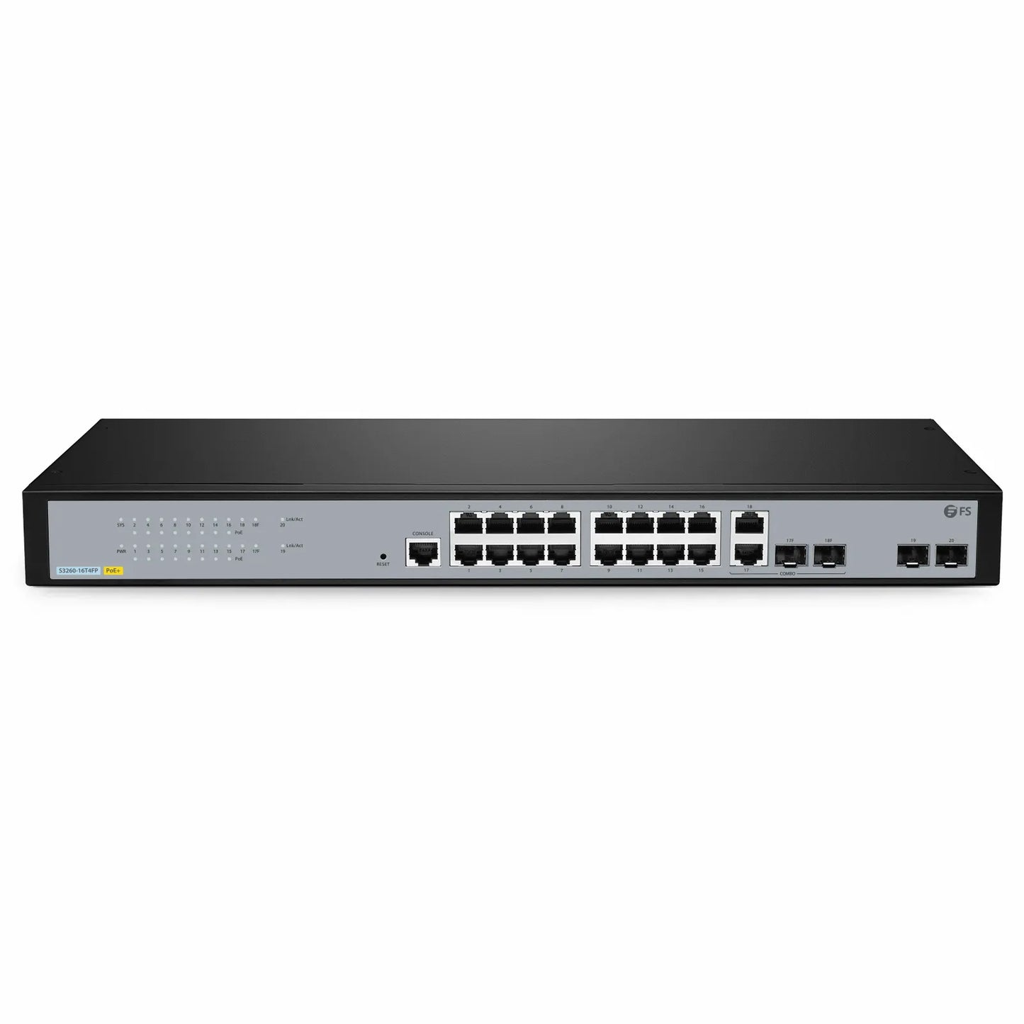 S3260-16T4FP, 16-Port Gigabit Ethernet L2+ PoE+ Switch, 16 x PoE+ Ports @250W, with 2 x 1Gb SFP Uplinks and 2 x Combo SFP Ports, Support IEEE 802.3af/at