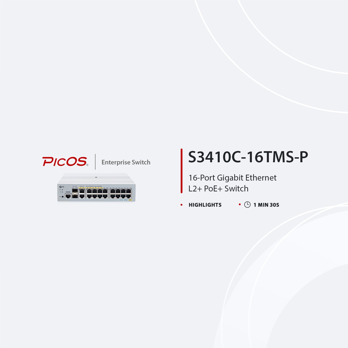 S3410C-16TMS-P, 16-Port Gigabit Ethernet L2+ PoE+ Switch, 6 x PoE+ Ports, 2 x 5Gb PoE+ Ports@125W, 10 x 1Gb RJ45, with 2 x 10Gb SFP+ Uplinks, PicOS®, Support MLAG, Broadcom Chip, Fanless